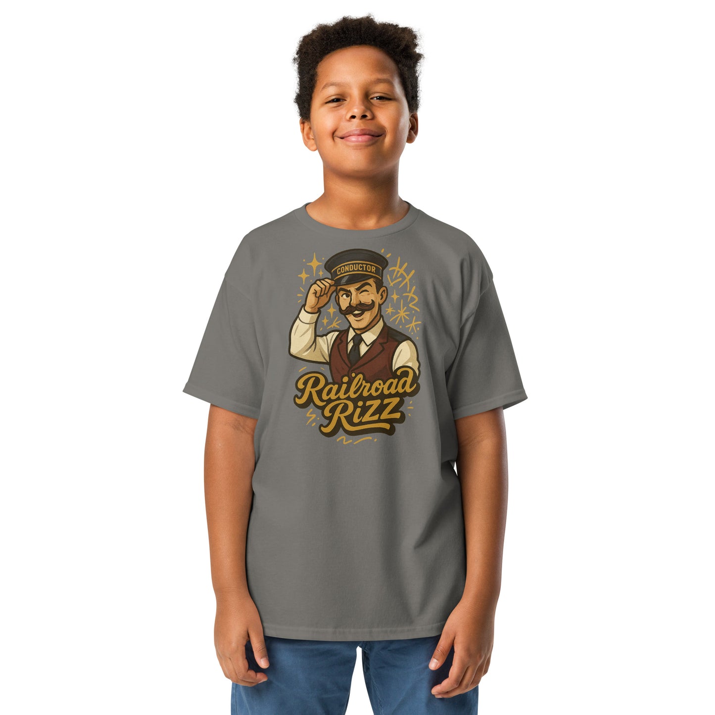Child wearing a gray t-shirt with a graphic design on a white background