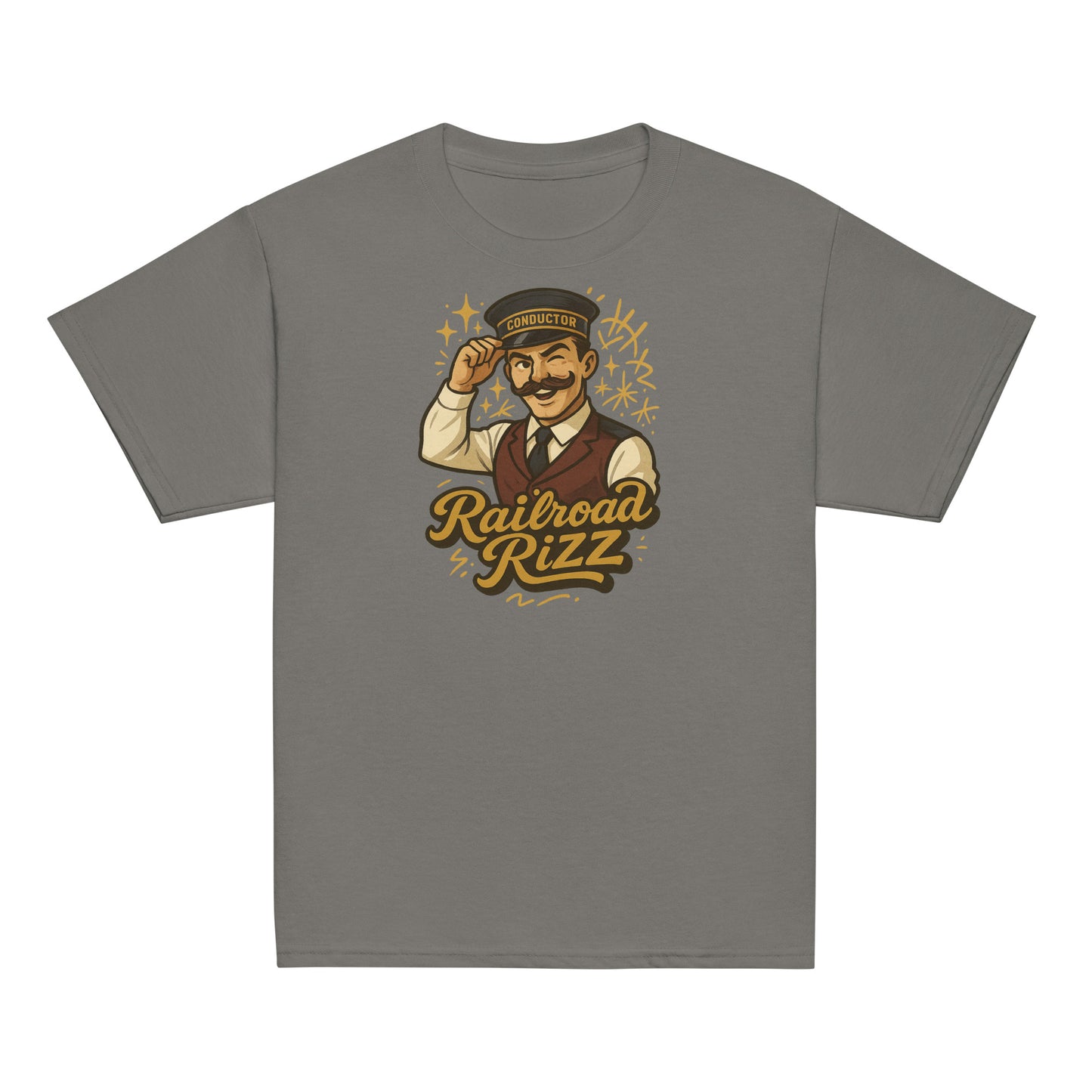 Gray t-shirt with a conductor graphic and 'Railroad Rizz' text on a white background