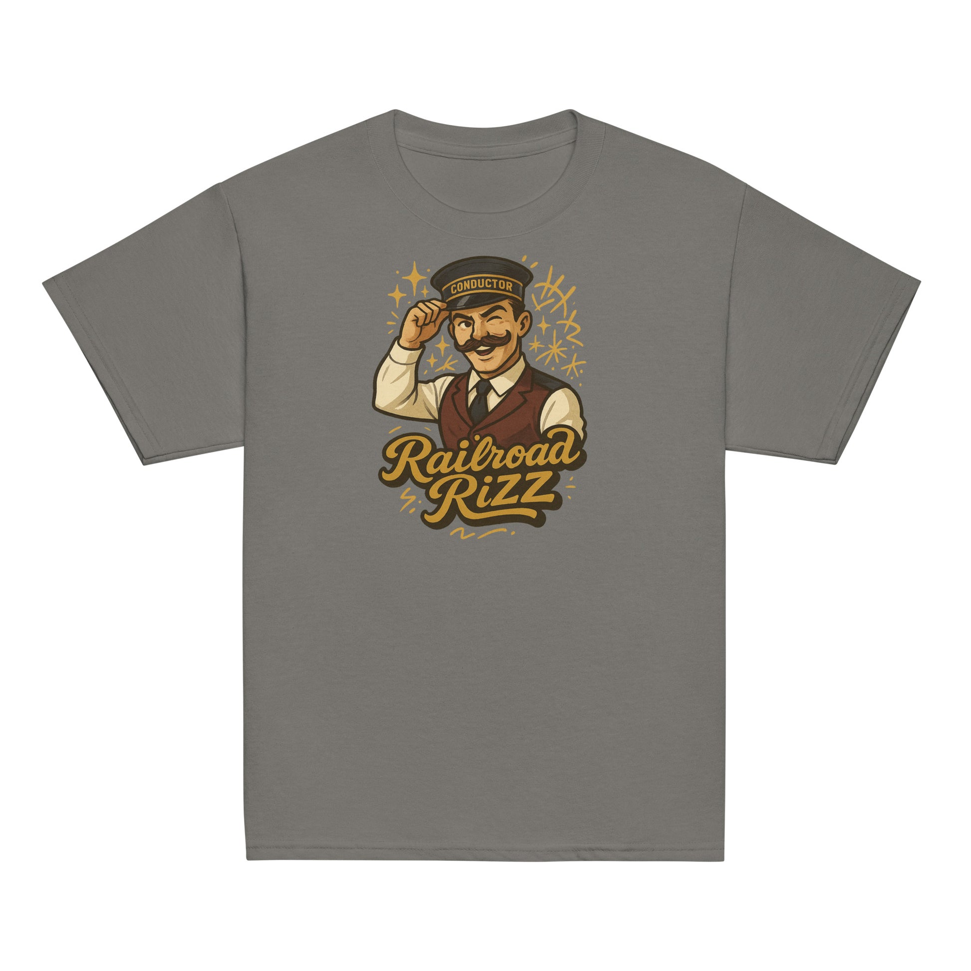 Gray t-shirt with a conductor graphic and 'Railroad Rizz' text on a white background