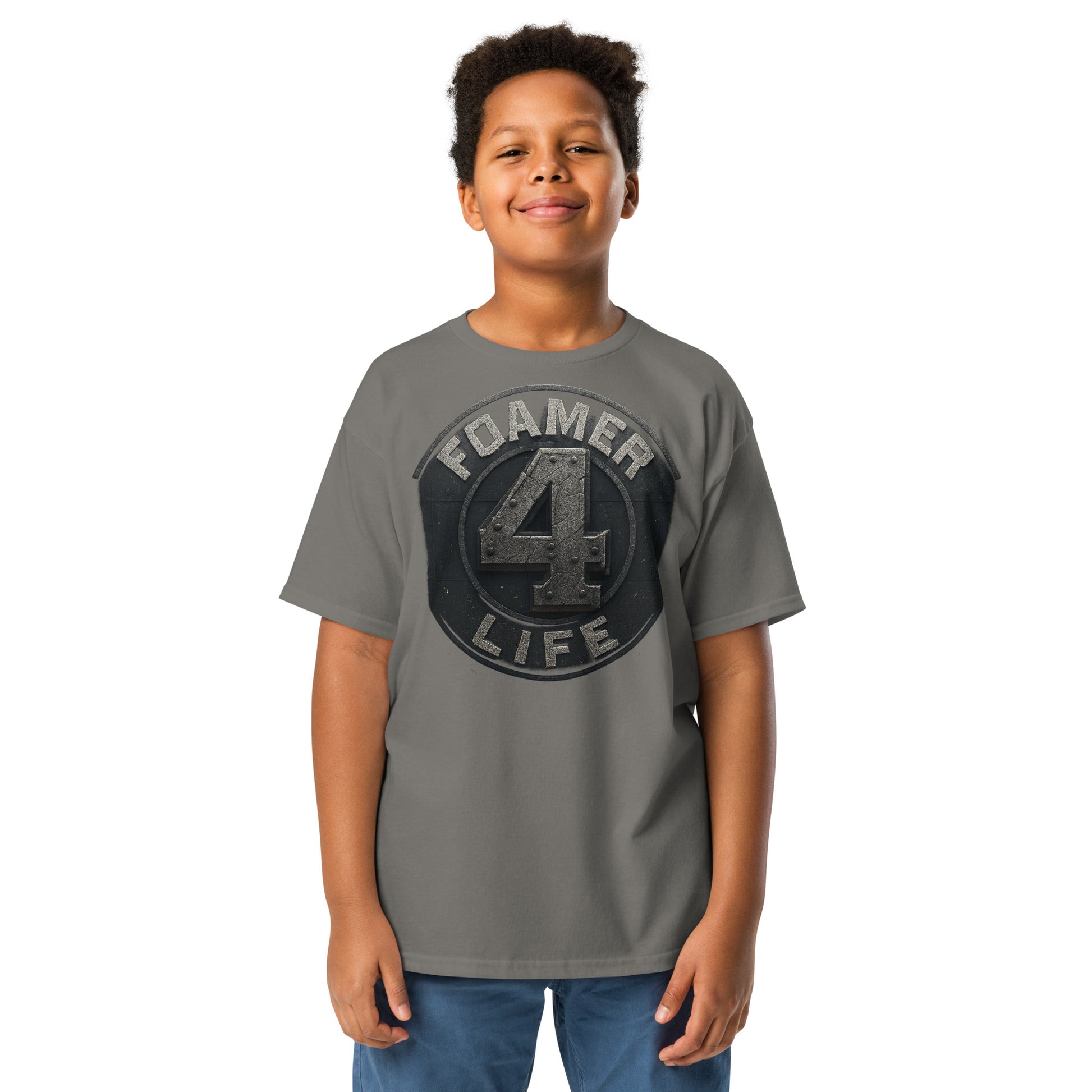 Child wearing a gray t-shirt with 'FOAMER 4 LIFE' text on a white background