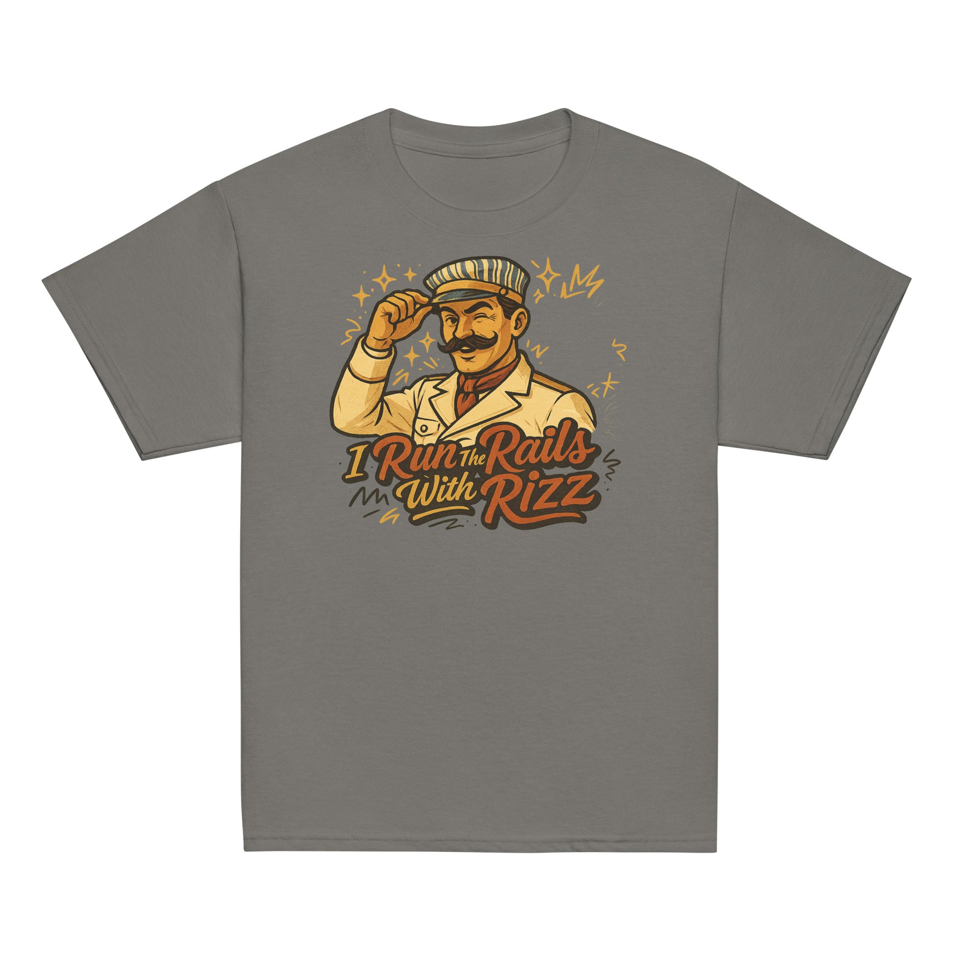 Gray t-shirt with a graphic of a man saluting and text 'I Run the Rails With Rizz' on a white background