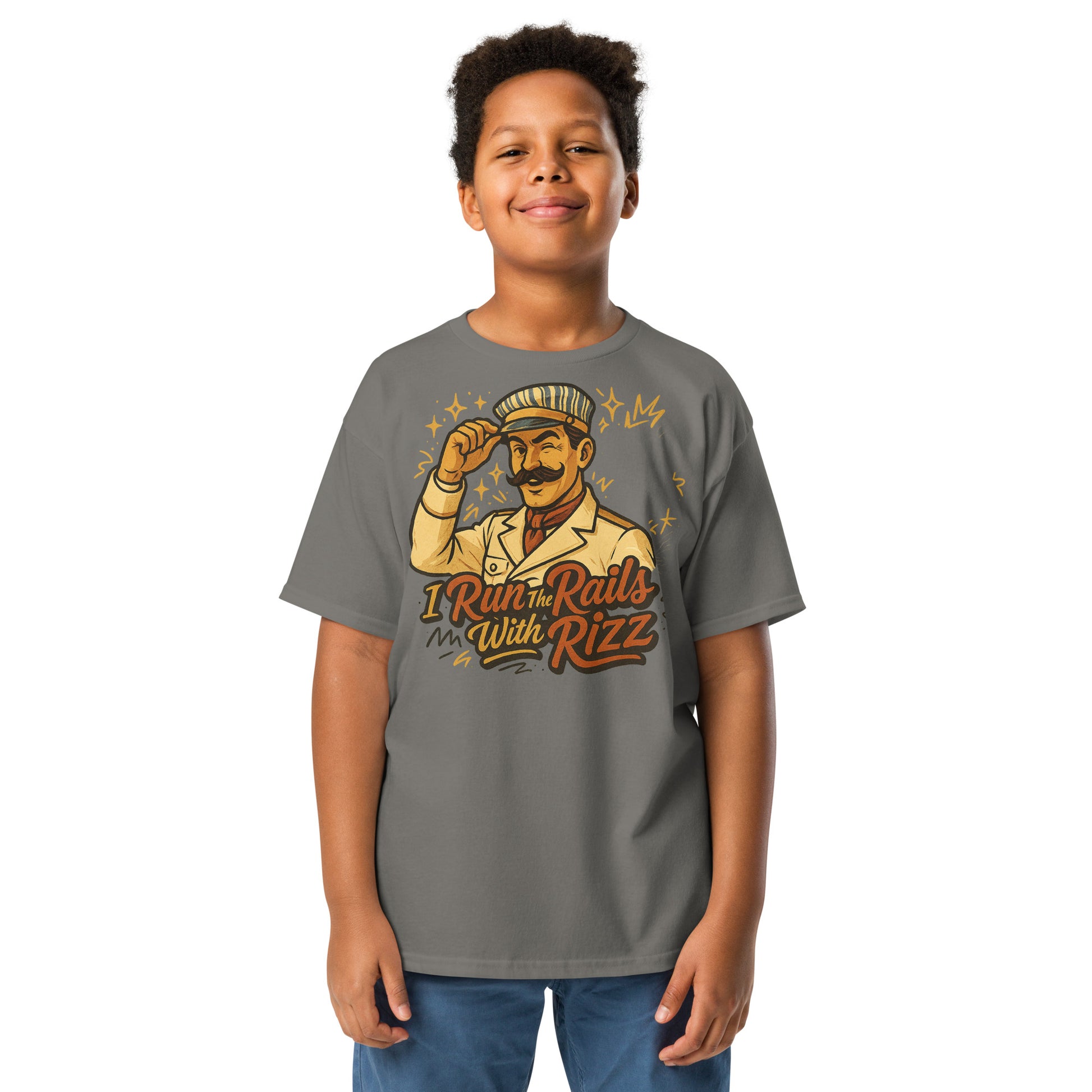 Child wearing a gray t-shirt with a graphic design and text on a white background