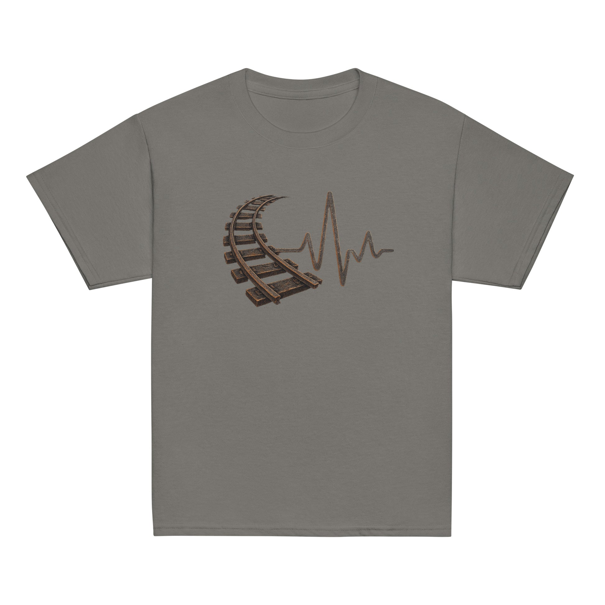 Gray t-shirt with a graphic design on a white background