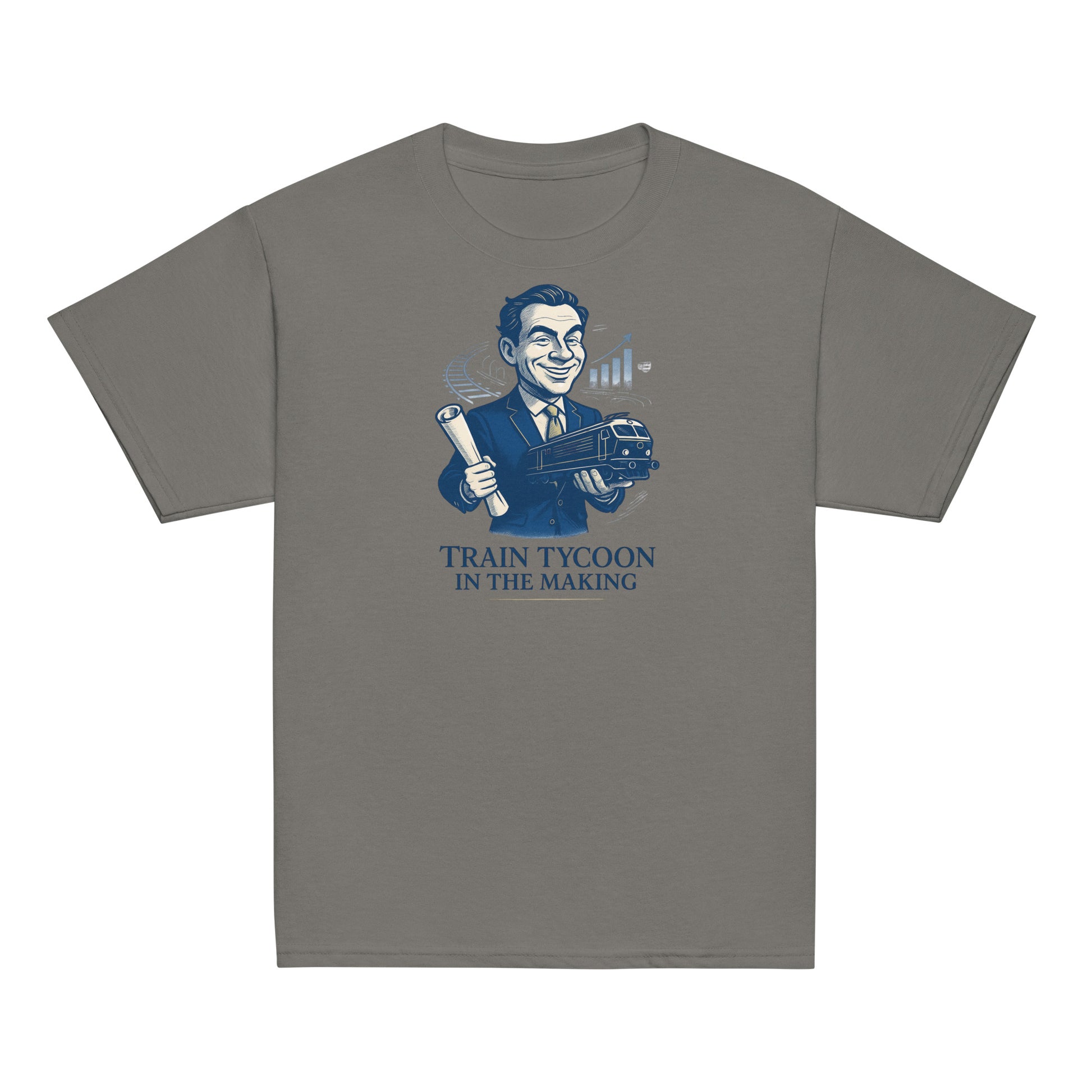 Gray t-shirt with a graphic of a man in a suit holding a train and text 'Train Tycoon in the Making' on a white background.