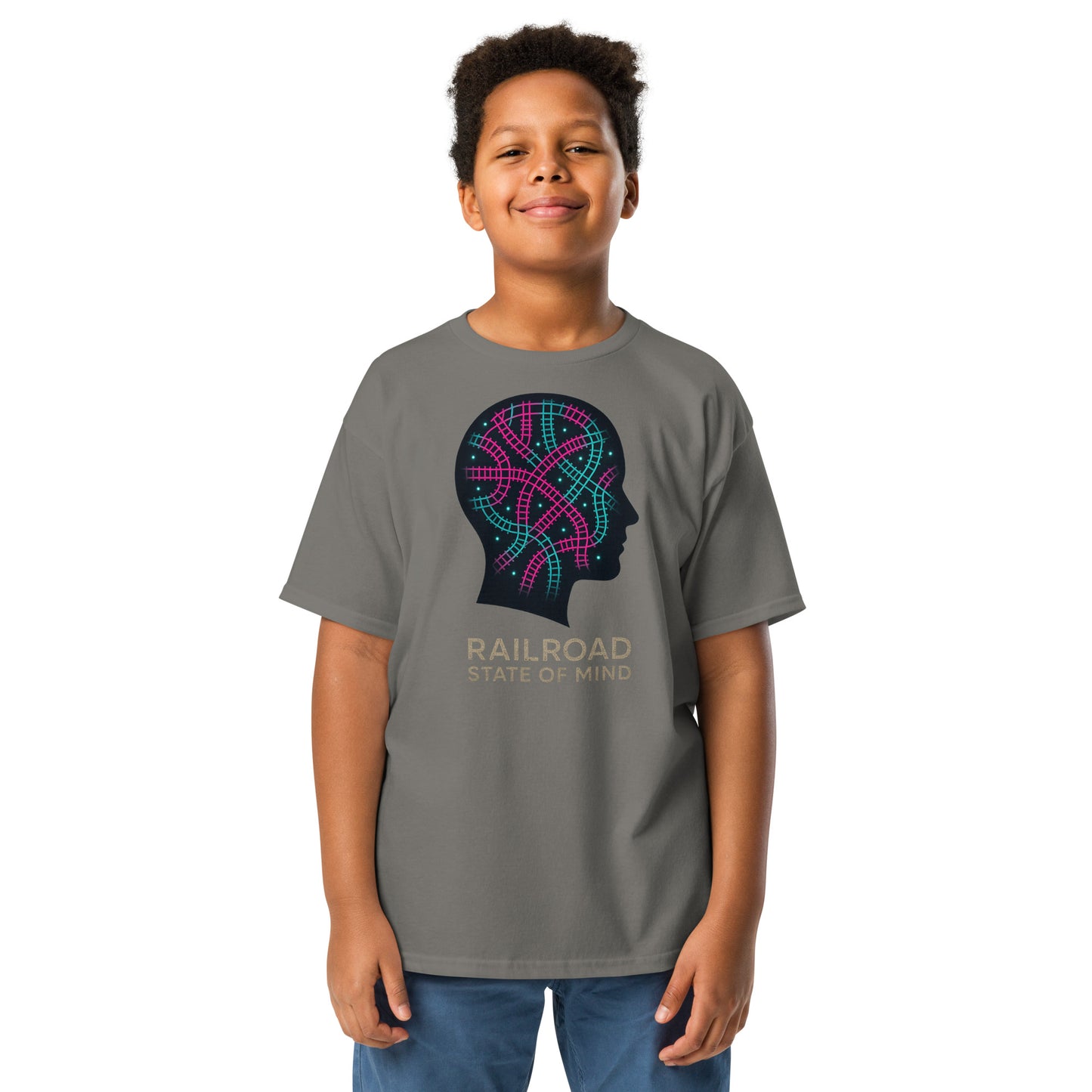 Child wearing a gray t-shirt with a colorful brain design and text on a white background