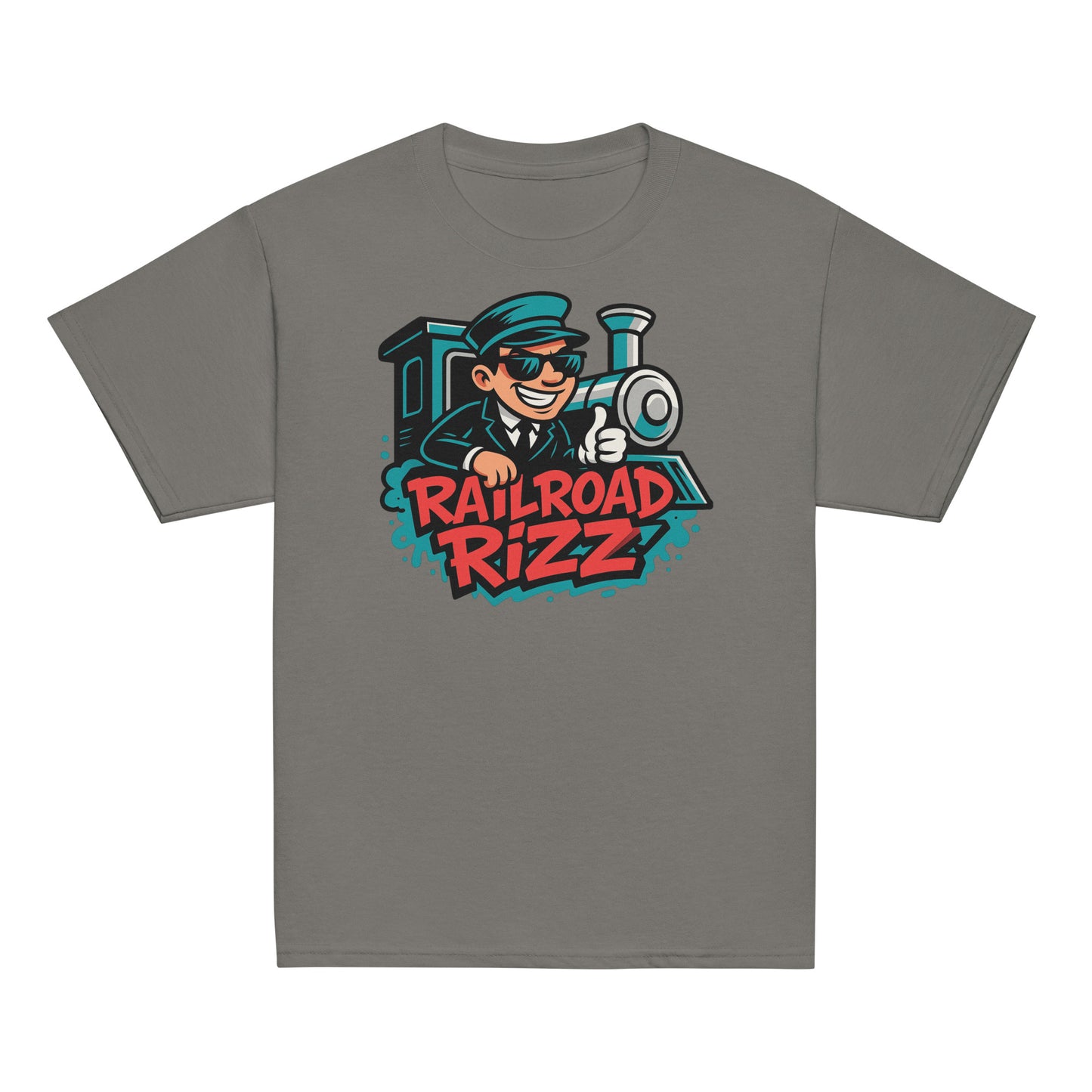 Gray t-shirt with 'Railroad Rizz' graphic design featuring a train and conductor on a white background.