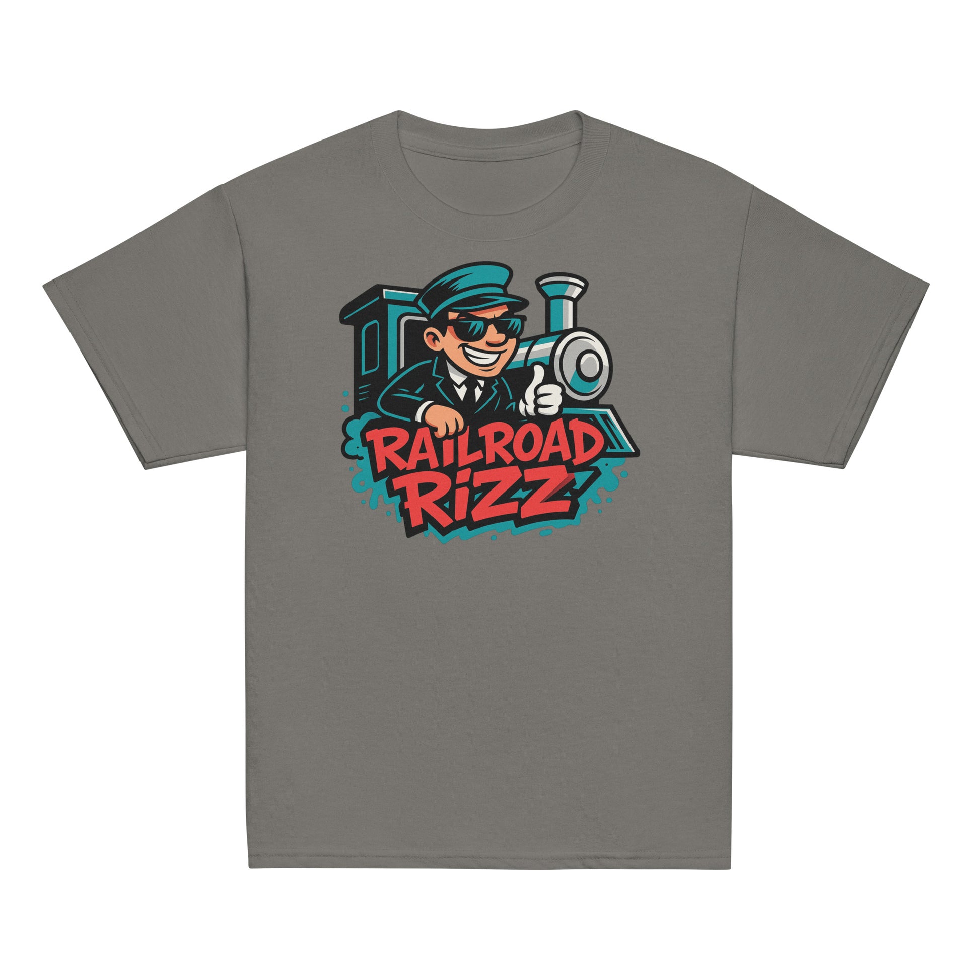 Gray t-shirt with 'Railroad Rizz' graphic design featuring a train and conductor on a white background.