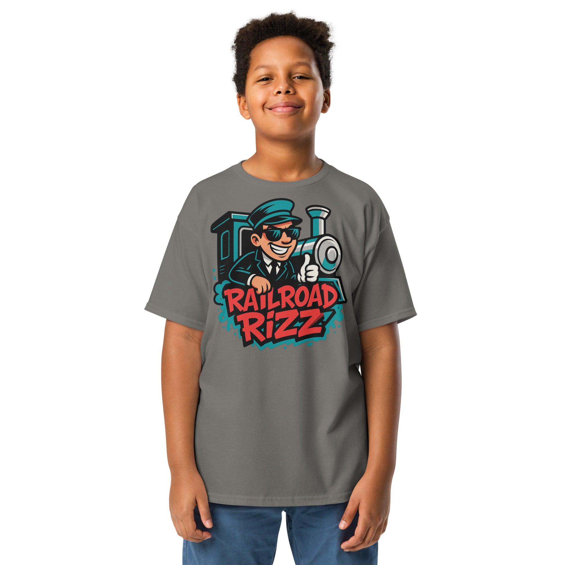 Child wearing a gray t-shirt with 'Railroad Rizz' design on a white background