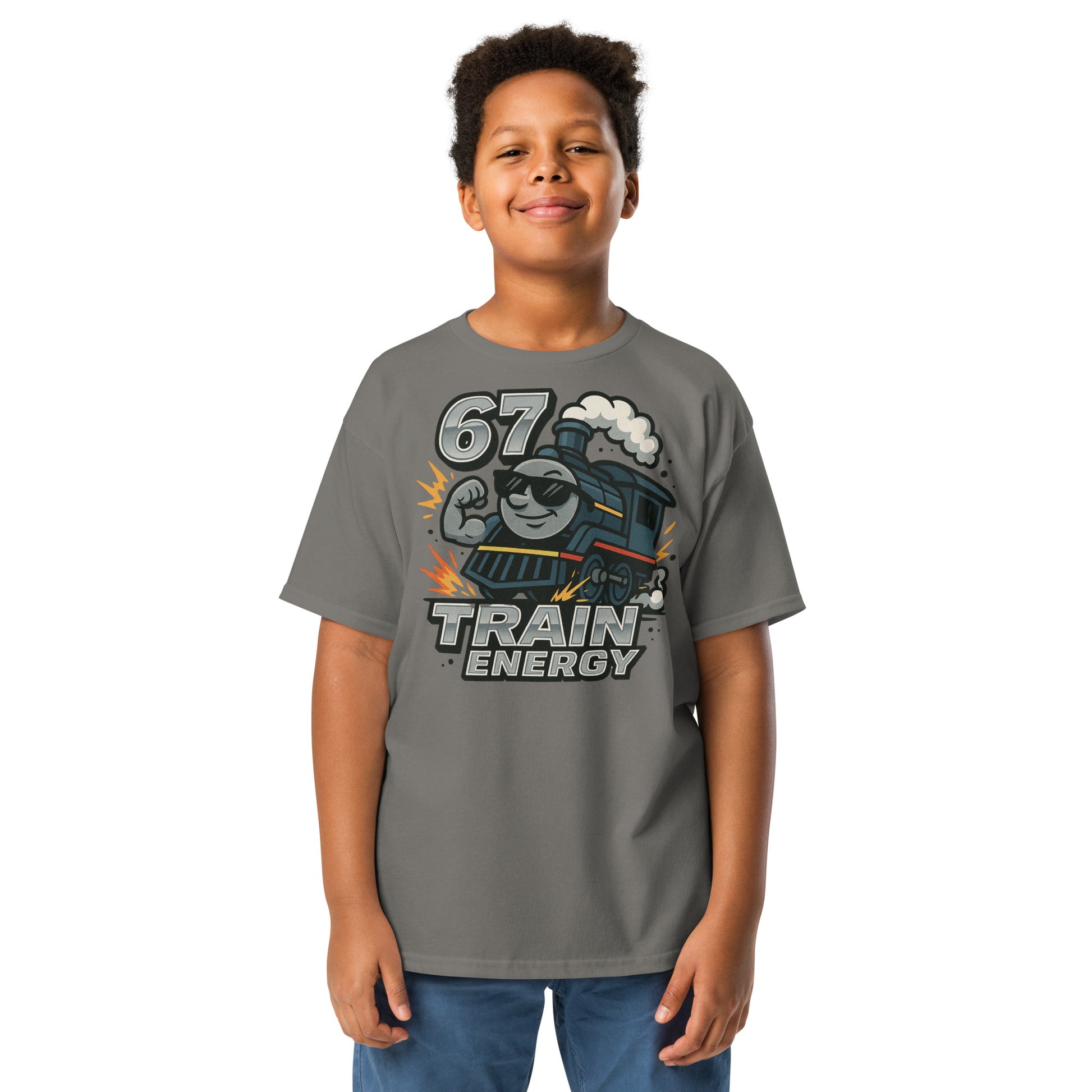 Child wearing a gray t-shirt with a train graphic and text on a white background