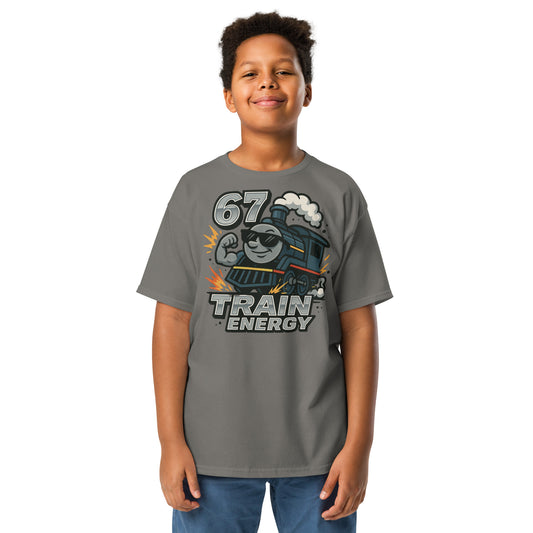 Child wearing a gray t-shirt with a train graphic and text on a white background
