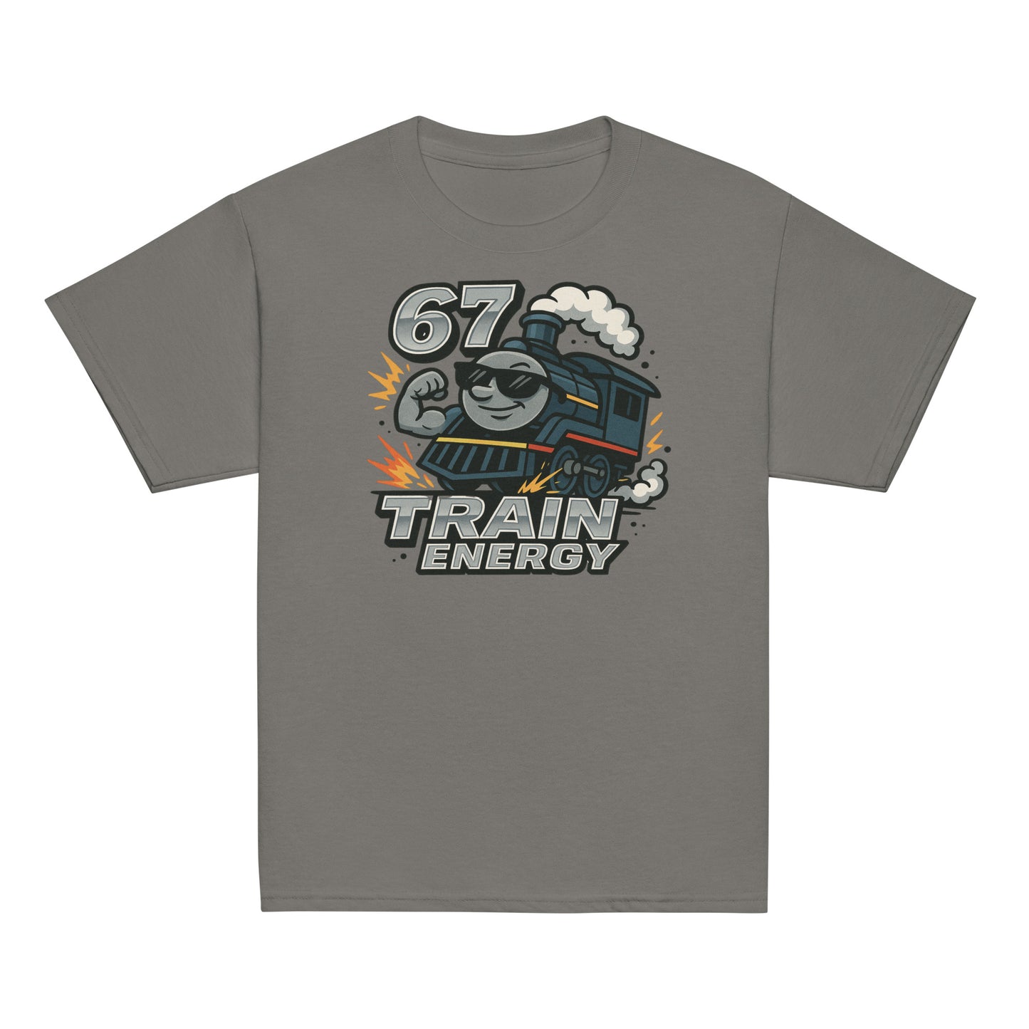 Gray t-shirt with a train graphic and '67 Train Energy' text on a white background