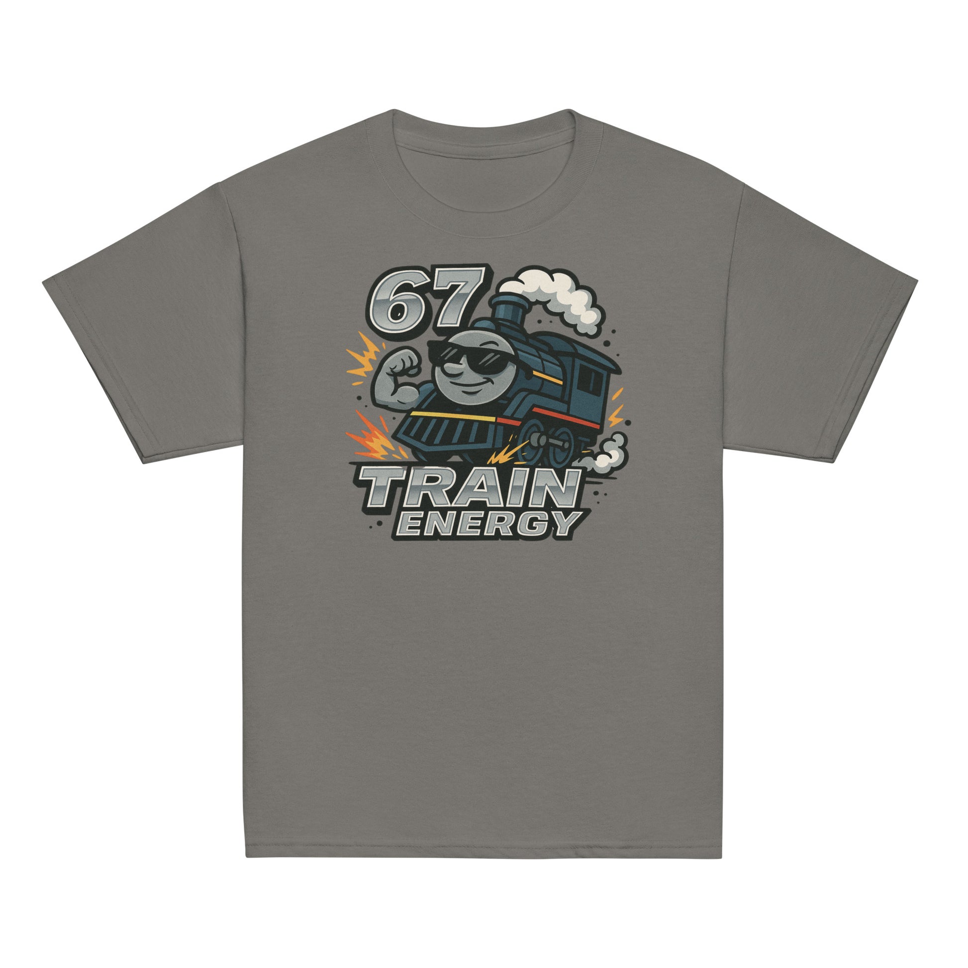 Gray t-shirt with a train graphic and '67 Train Energy' text on a white background