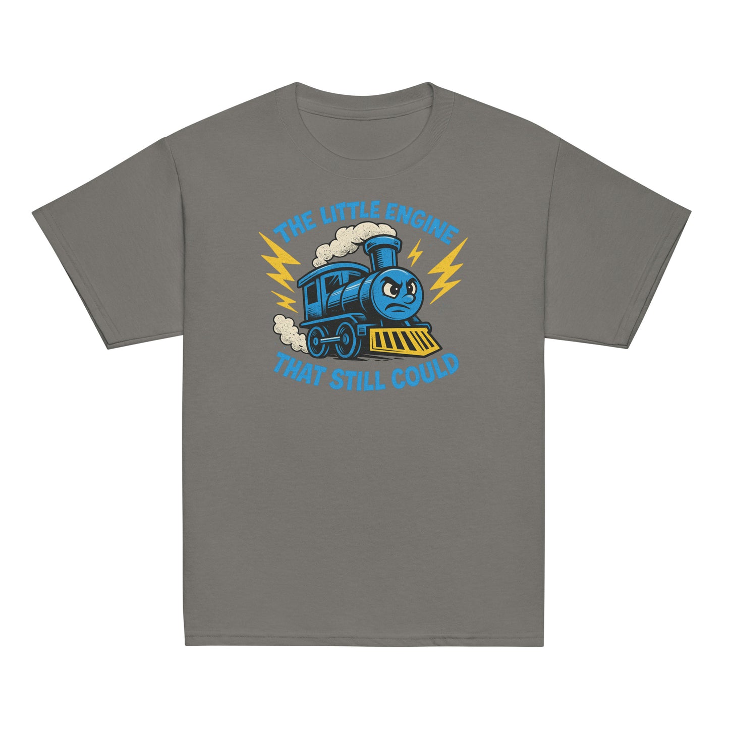 Gray t-shirt with a blue train graphic and text on a white background