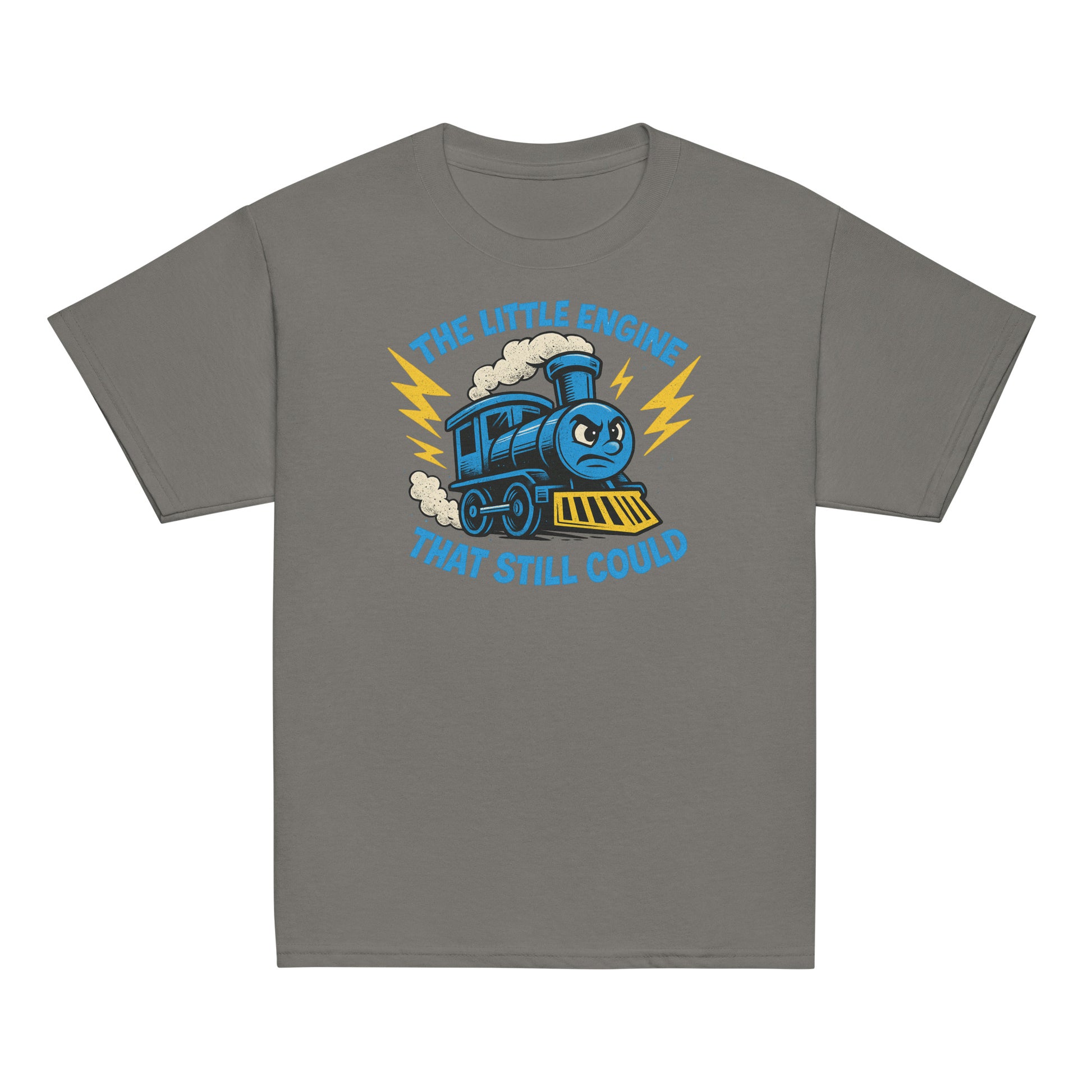 Gray t-shirt with a blue train graphic and text on a white background