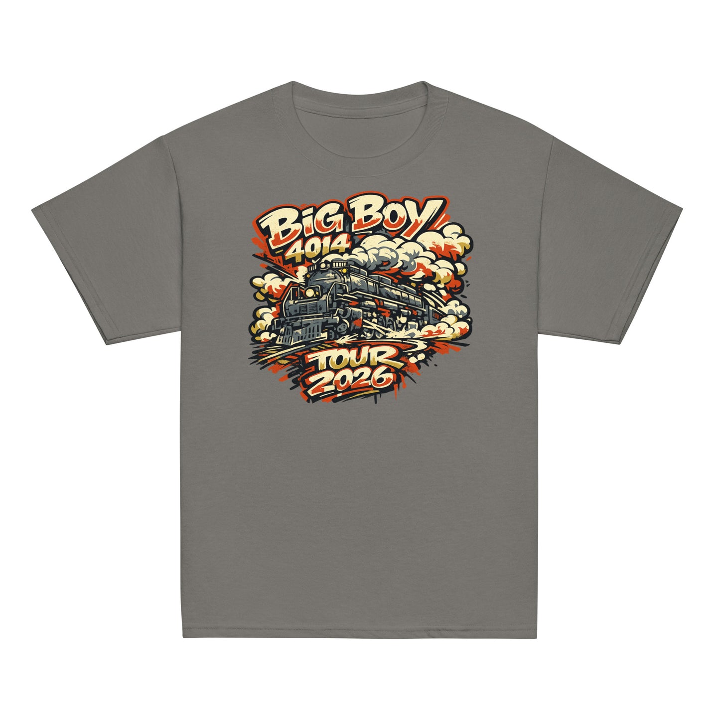 Gray t-shirt with a train graphic and text on a white background