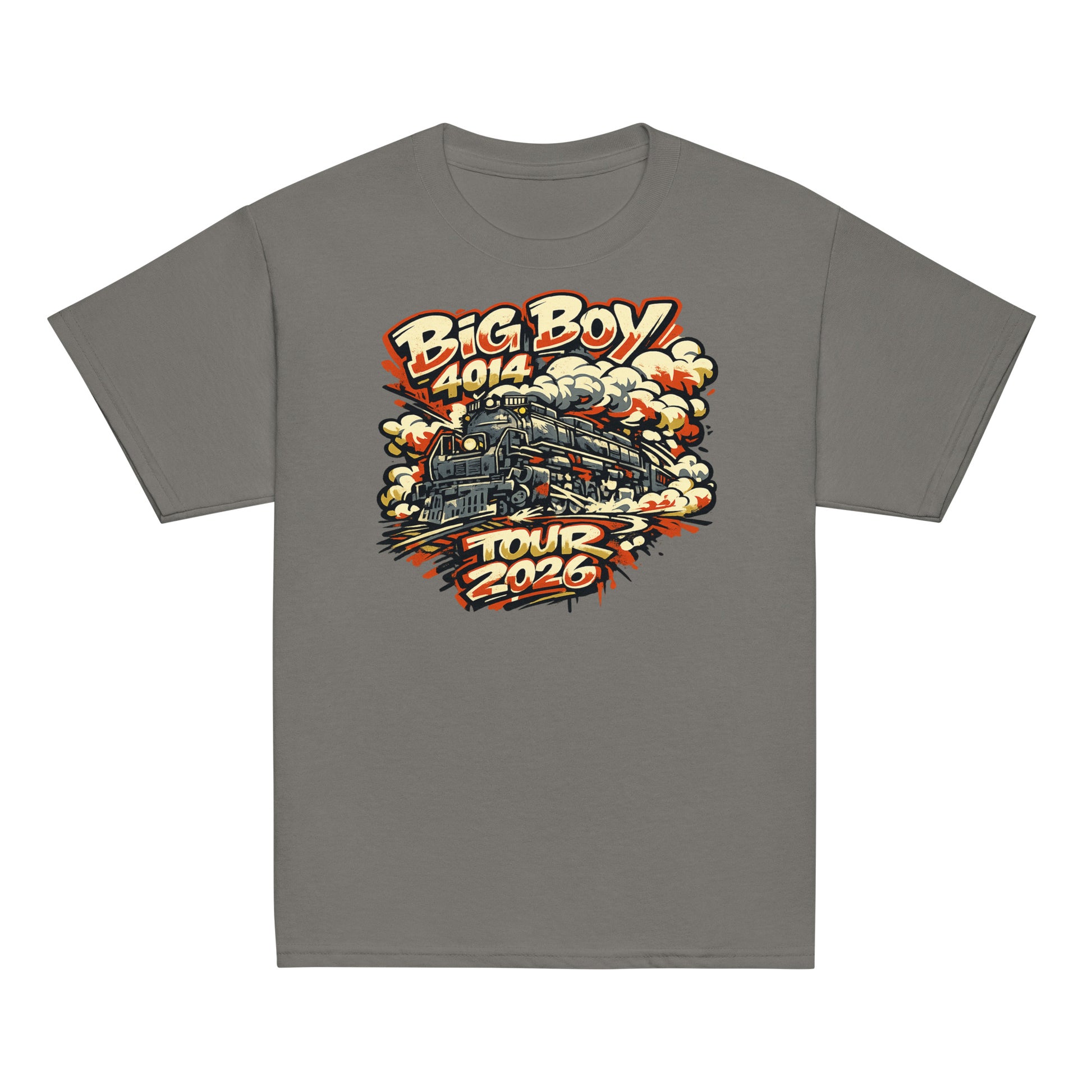 Gray t-shirt with a train graphic and text on a white background