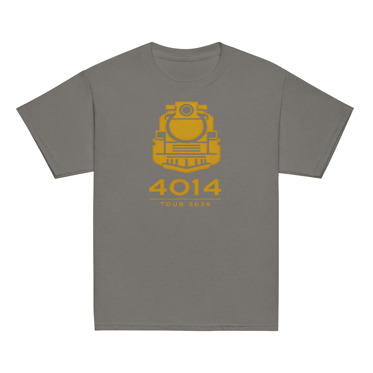 gray t-shirt with 4014 tour gold logo on a white background