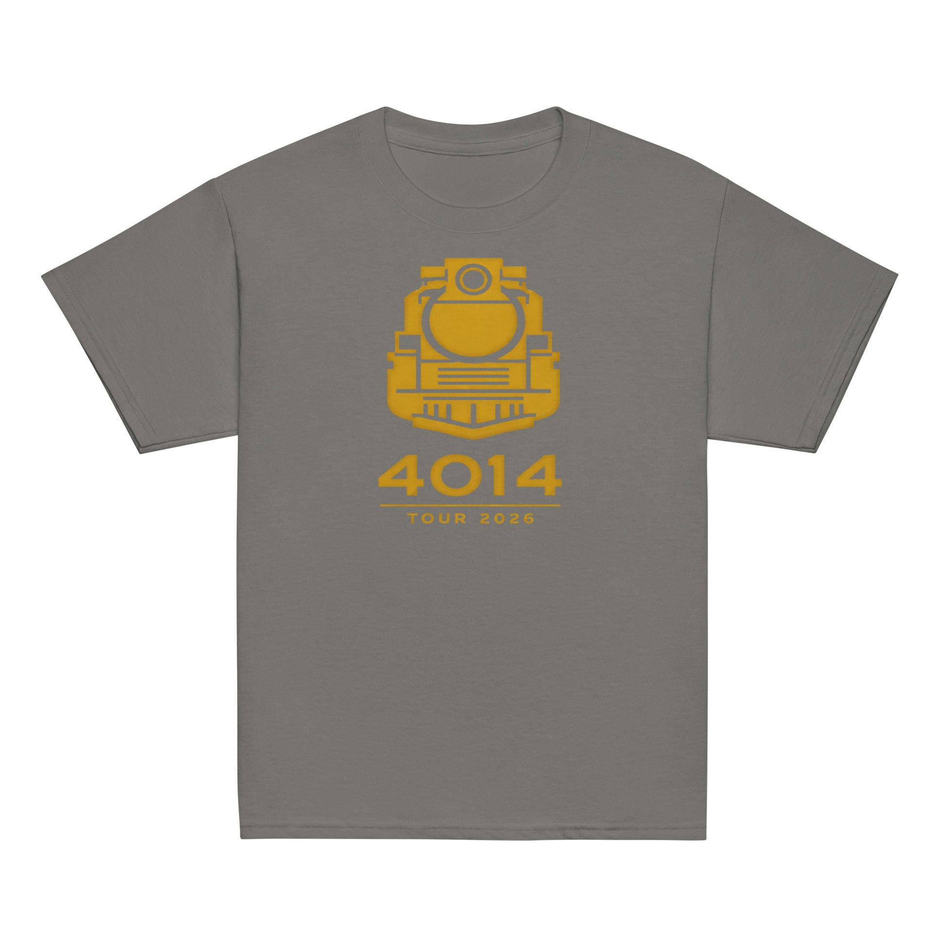 gray t-shirt with 4014 tour gold logo on a white background