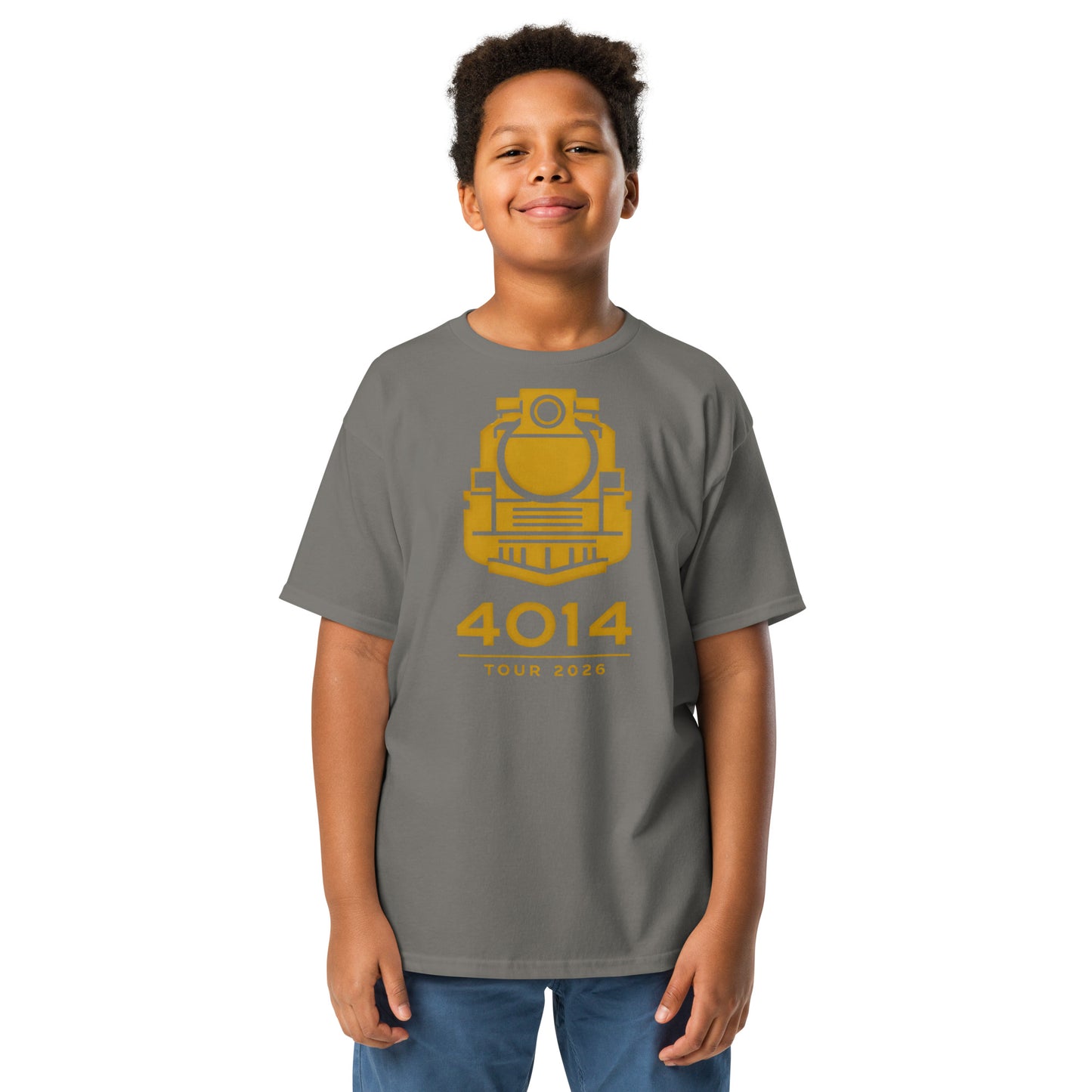 Child wearing a gray t-shirt with a yellow graphic and text on a white background