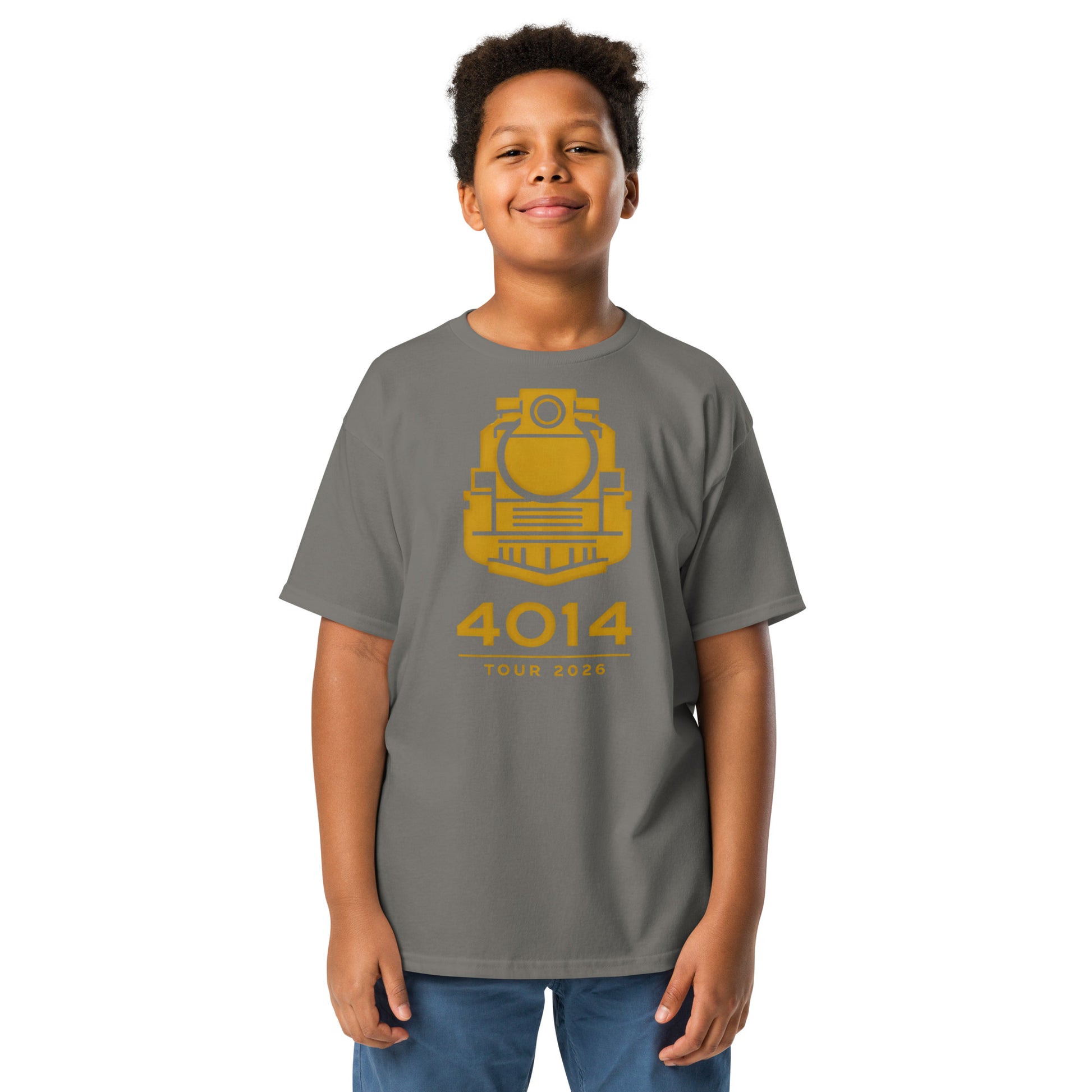 Child wearing a gray t-shirt with a yellow graphic and text on a white background