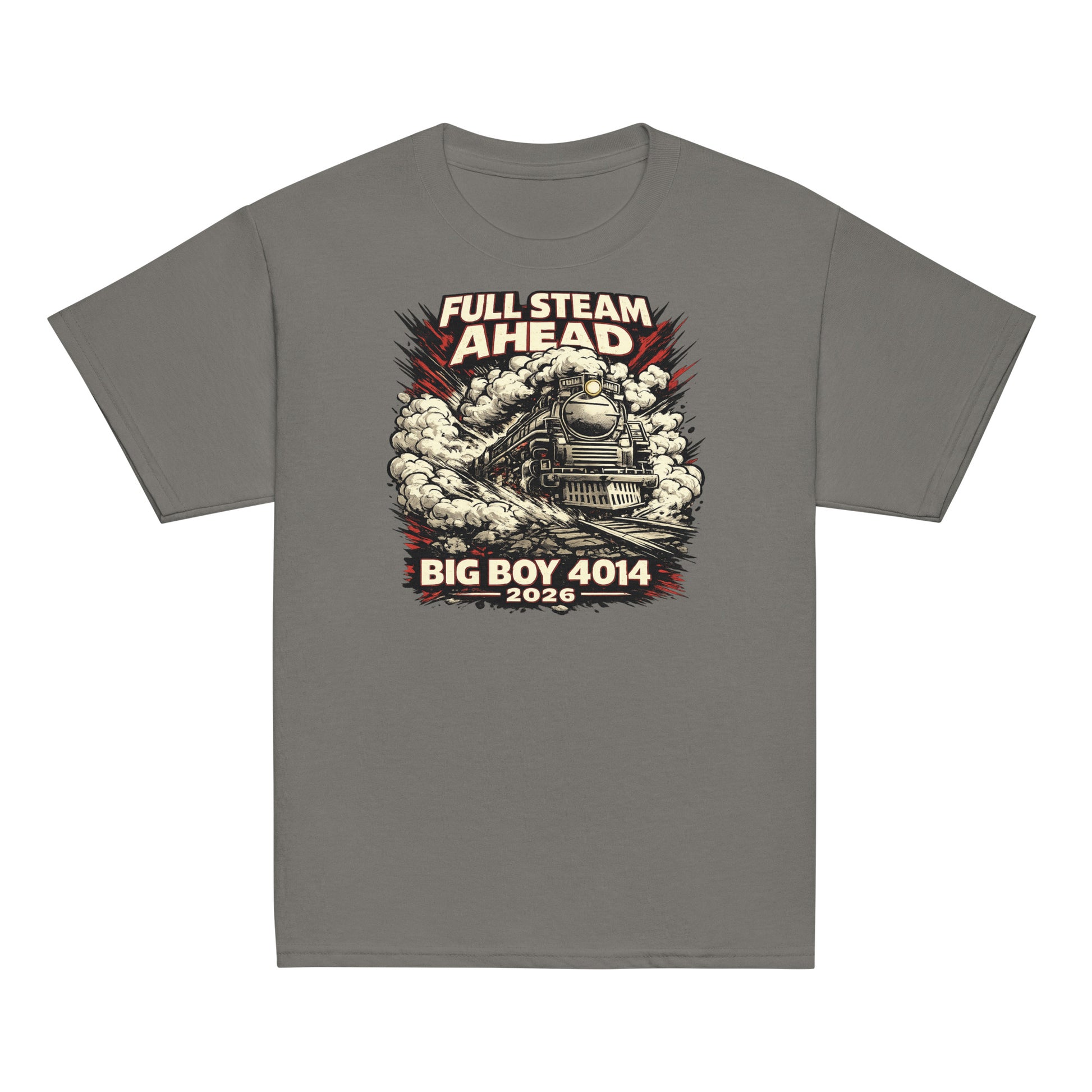 Gray t-shirt with a graphic of a steam locomotive and text on a white background