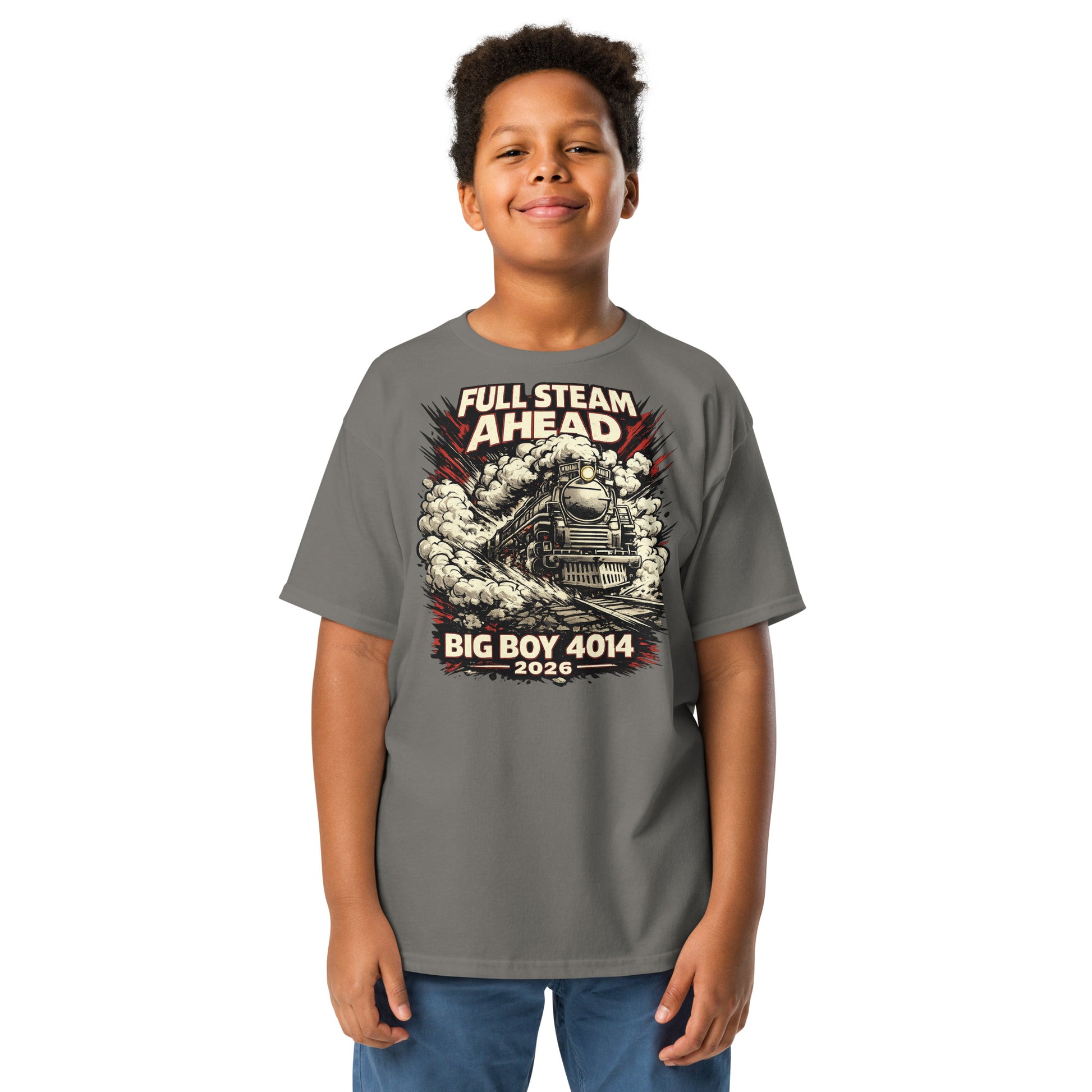 Child wearing a gray t-shirt with a train graphic and text on a white background