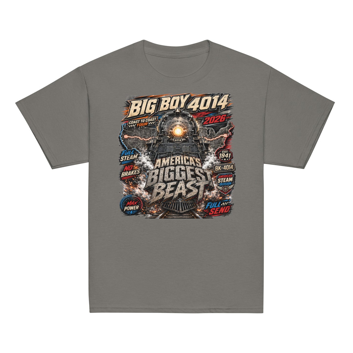 Youth gray t-shirt featuring a high-energy, colorful graphic of the Big Boy 4014 steam locomotive backed by a US map, with bold text reading "BIG BOY 4014", "COAST TO COAST TOUR 2026", "AMERICA'S BIGGEST BEAST", "FULL STEAM", "NO BRAKES", "MAX POWER", and "FULL SEND".