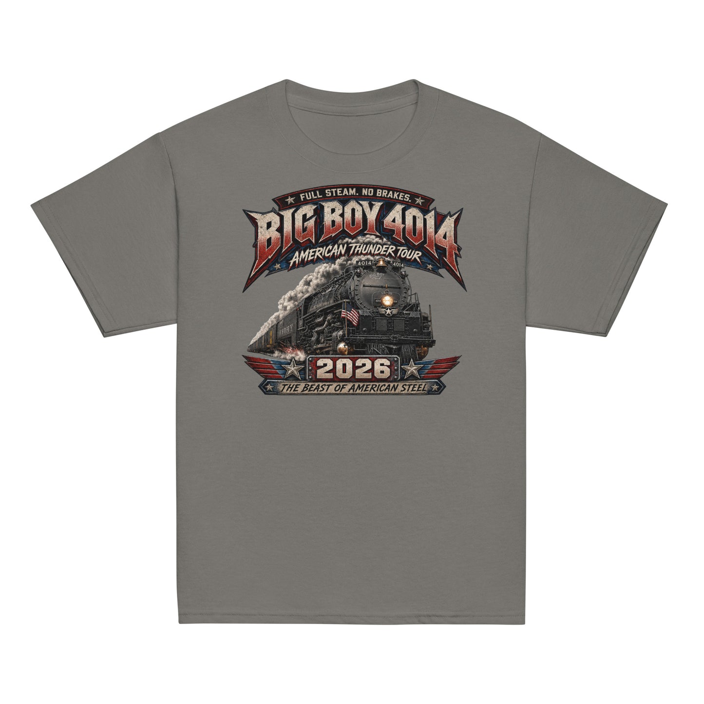 Youth gray t-shirt featuring a dynamic graphic of the Big Boy 4014 steam locomotive charging forward with billowing smoke and a small American flag on the front. Bold, aggressive text reads "FULL STEAM. NO BRAKES.", "BIG BOY 4014", "AMERICAN THUNDER TOUR", "2026", and "THE BEAST OF AMERICAN STEEL" in red, white, and blue patriotic styling.