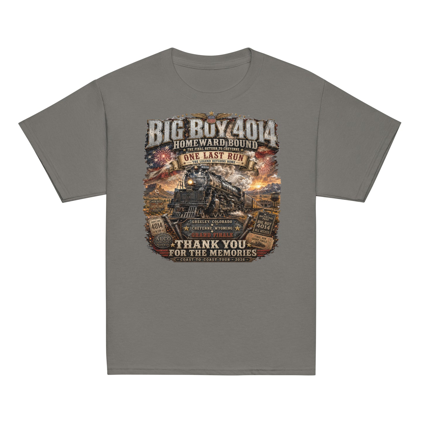 Youth gray t-shirt featuring an intricate graphic of the Big Boy 4014 steam locomotive charging through a western landscape with a sunset and fireworks in the sky. Text reads "BIG BOY 4014", "HOMEWARD BOUND", "THE FINAL RETURN TO CHEYENNE", "ONE LAST RUN", and "THANK YOU FOR THE MEMORIES". The design includes vintage ticket stubs and lists Greeley, Colorado and Cheyenne, Wyoming for the Grand Finale of the Coast to Coast Tour 2026.