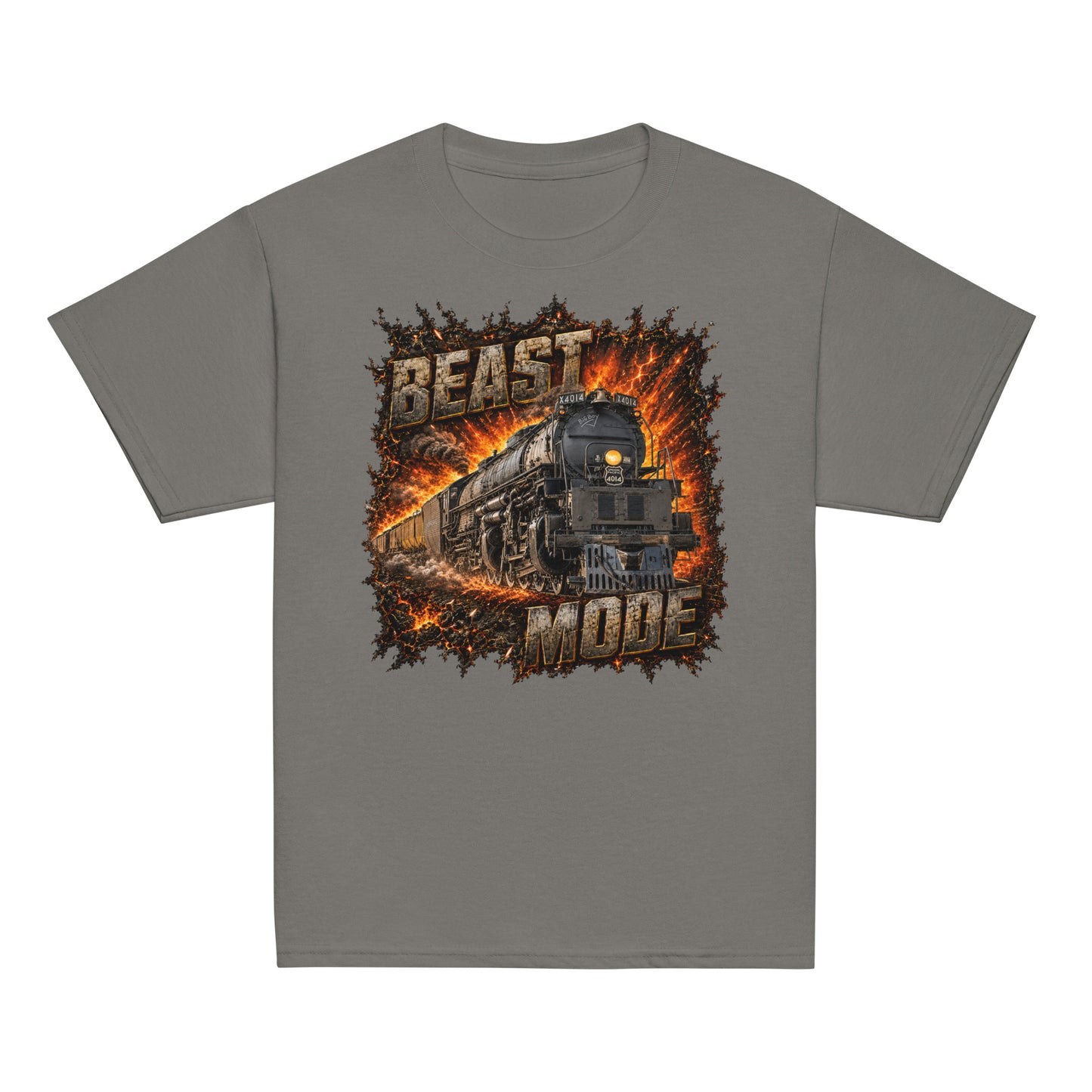 Gray short-sleeve t-shirt featuring an explosive, fiery graphic of a steam locomotive charging forward, framed by the text BEAST at the top and MODE at the bottom in rugged, stone-textured letters.