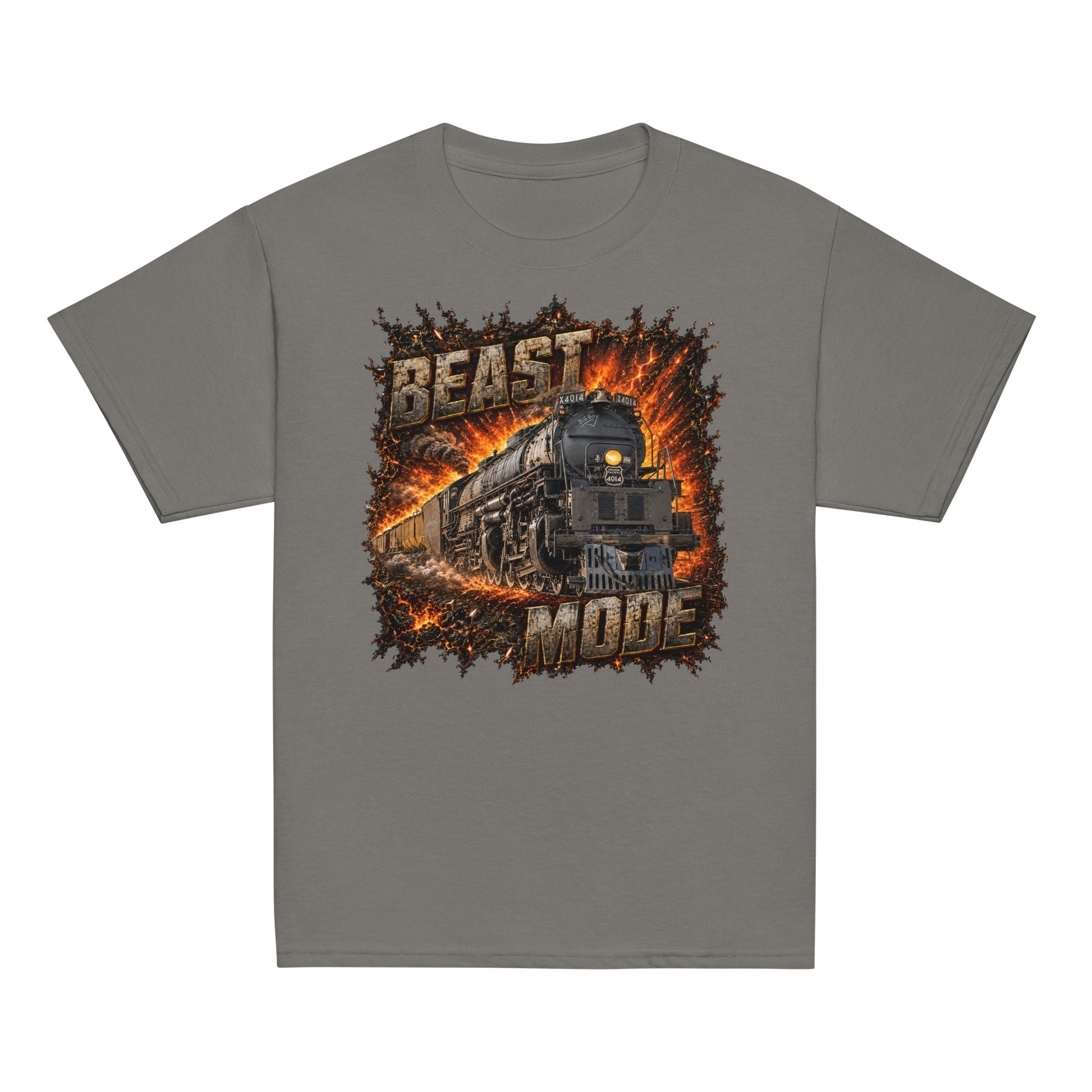 Gray short-sleeve t-shirt featuring an explosive, fiery graphic of a steam locomotive charging forward, framed by the text BEAST at the top and MODE at the bottom in rugged, stone-textured letters.