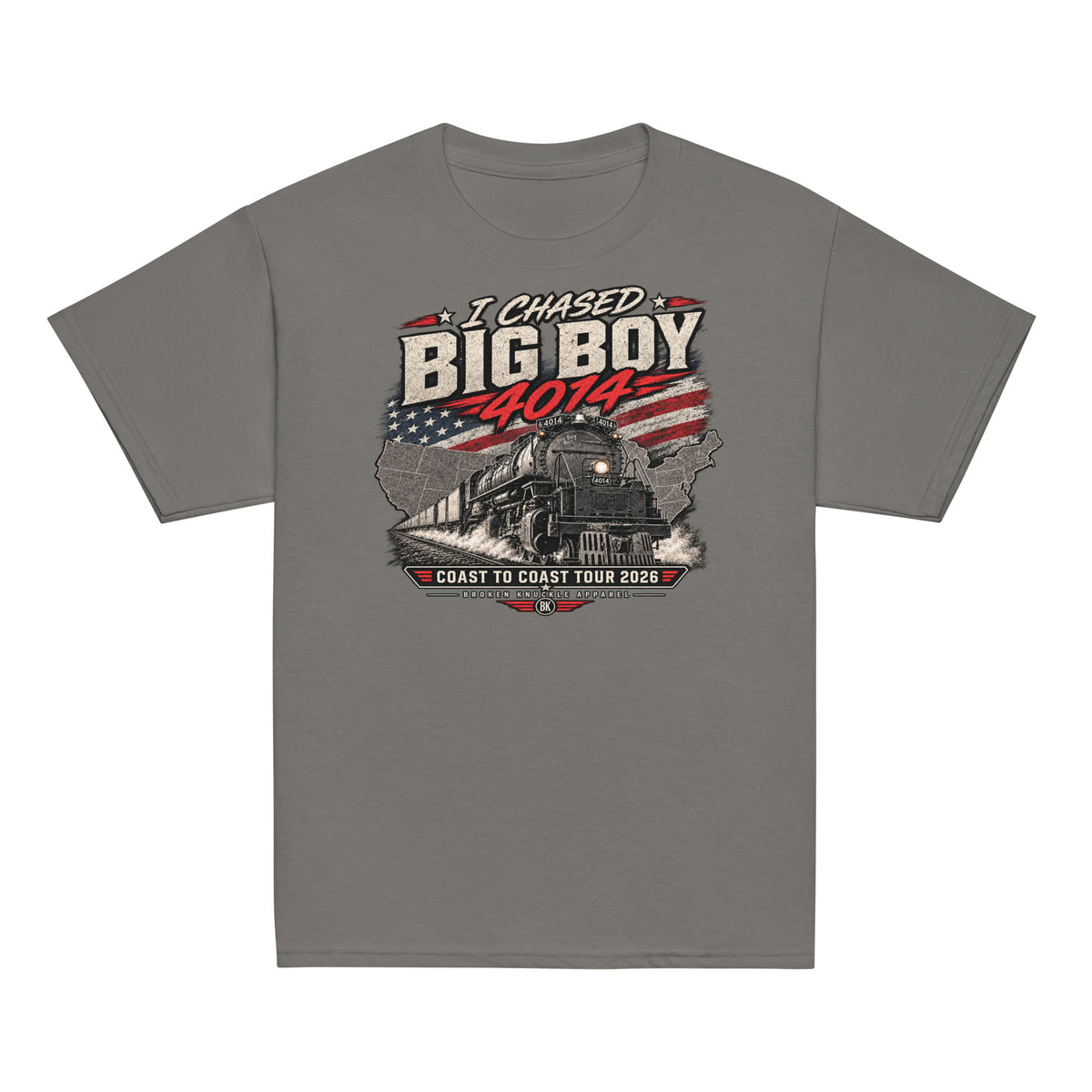 Charcoal short-sleeve t-shirt featuring a graphic of the Big Boy steam locomotive charging out of a US map with an American flag pattern, surrounded by the text I CHASED BIG BOY 4014 and COAST TO COAST TOUR 2026.