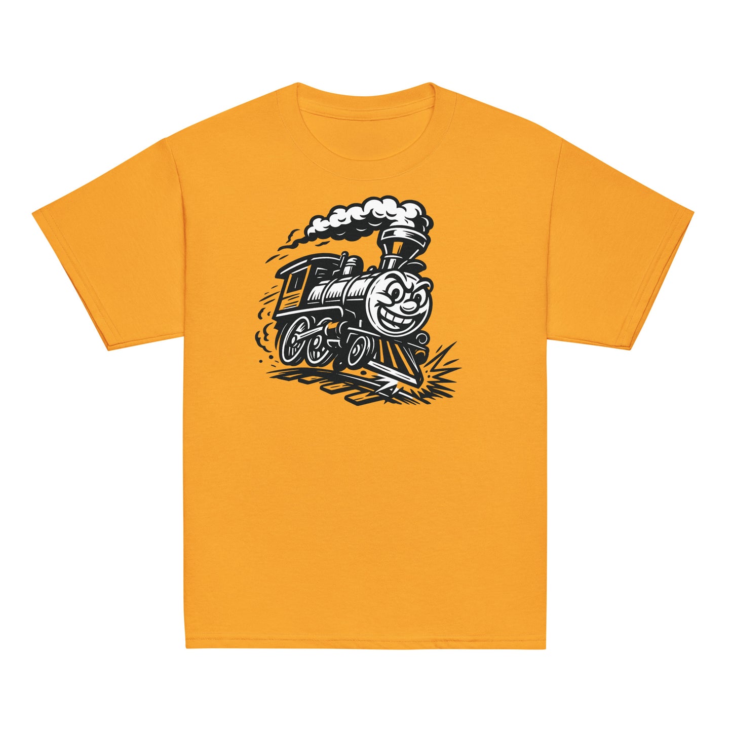 Yellow t-shirt with a steam locomotive graphic on a white background