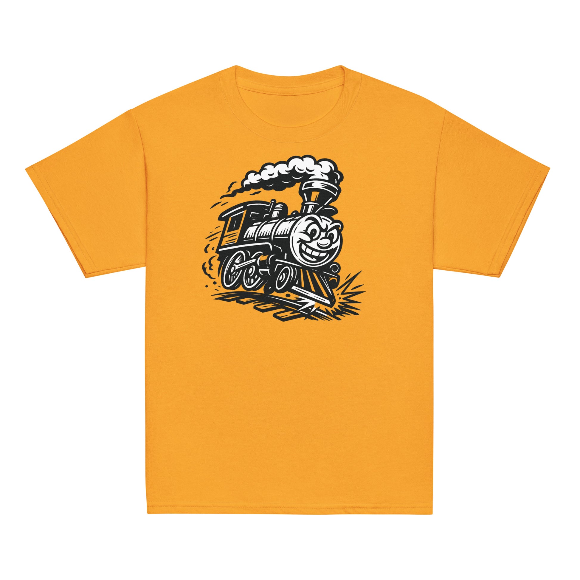 Yellow t-shirt with a steam locomotive graphic on a white background