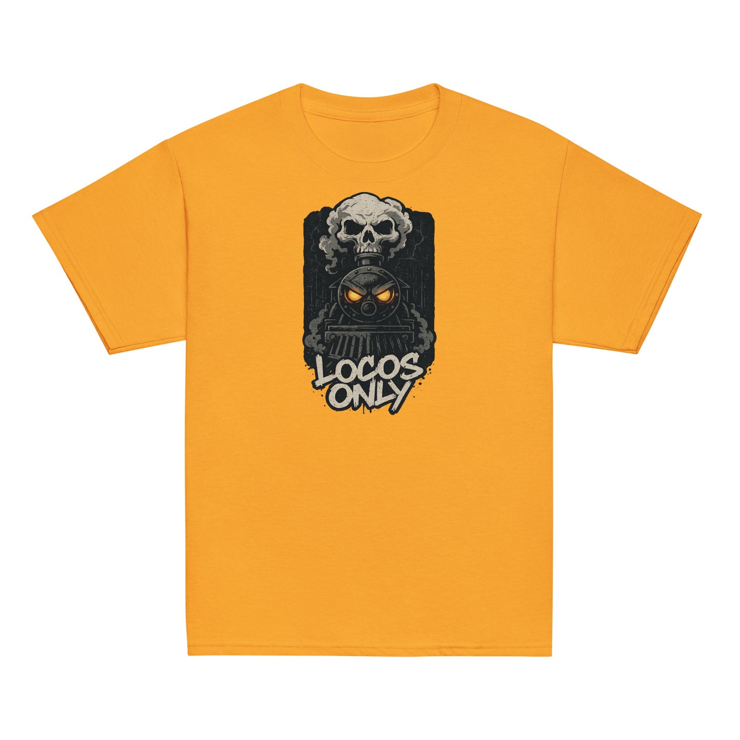 Yellow t-shirt with a graphic design featuring a skull and text on a white background