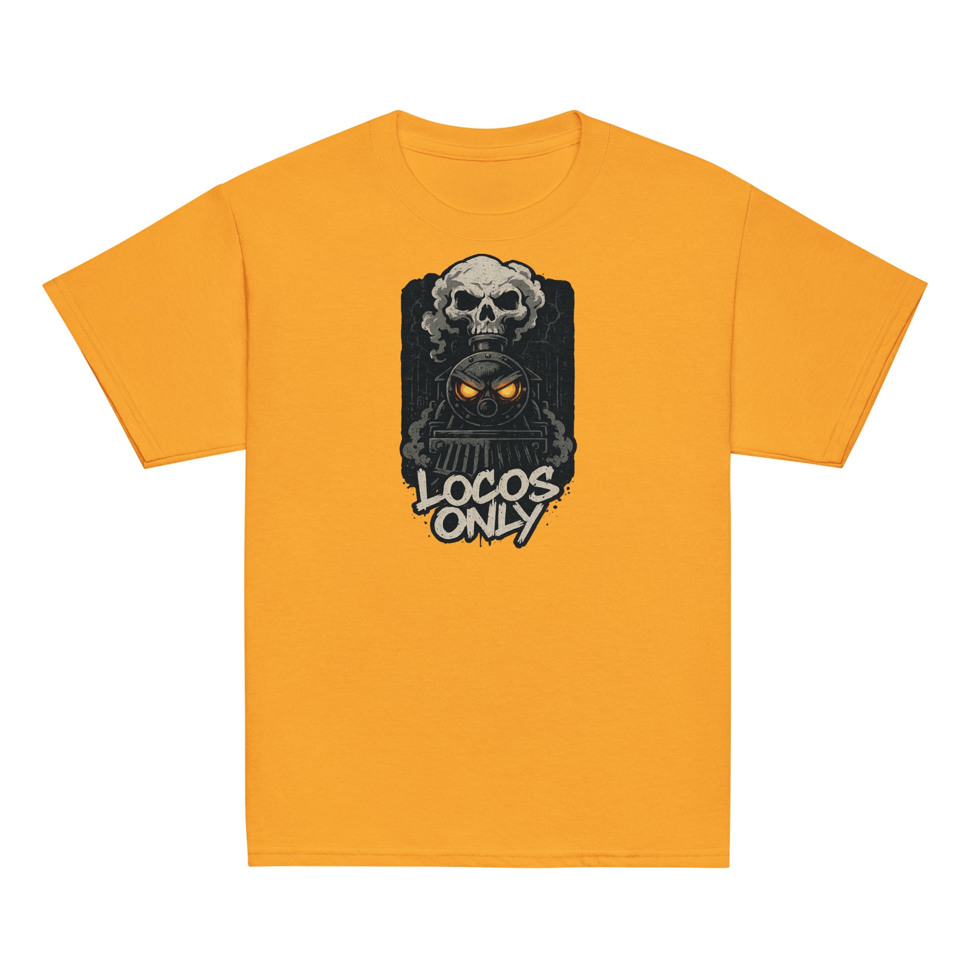 Yellow t-shirt with a graphic design featuring a skull and text on a white background