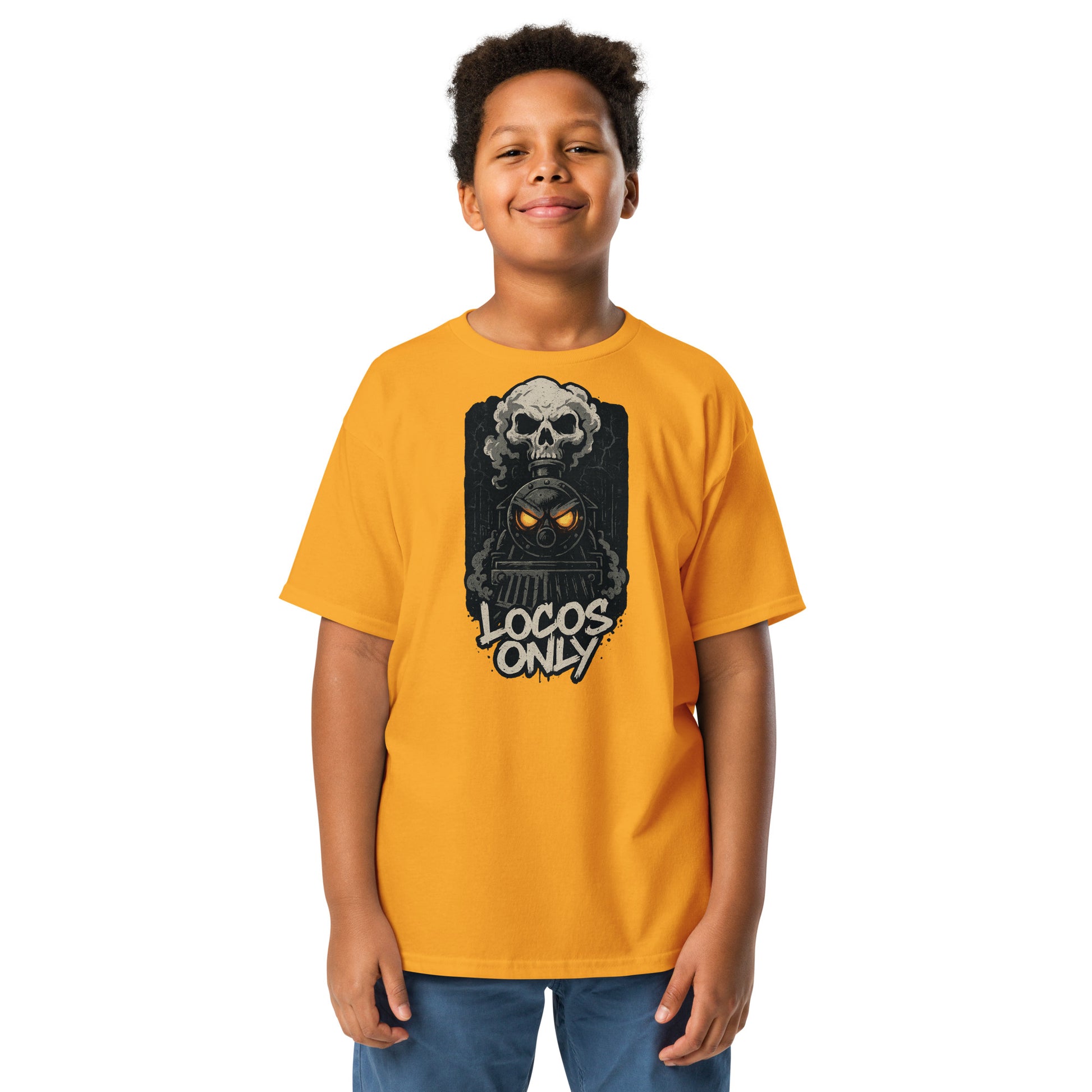 Child wearing a mustard yellow t-shirt with a graphic design and text on a white background
