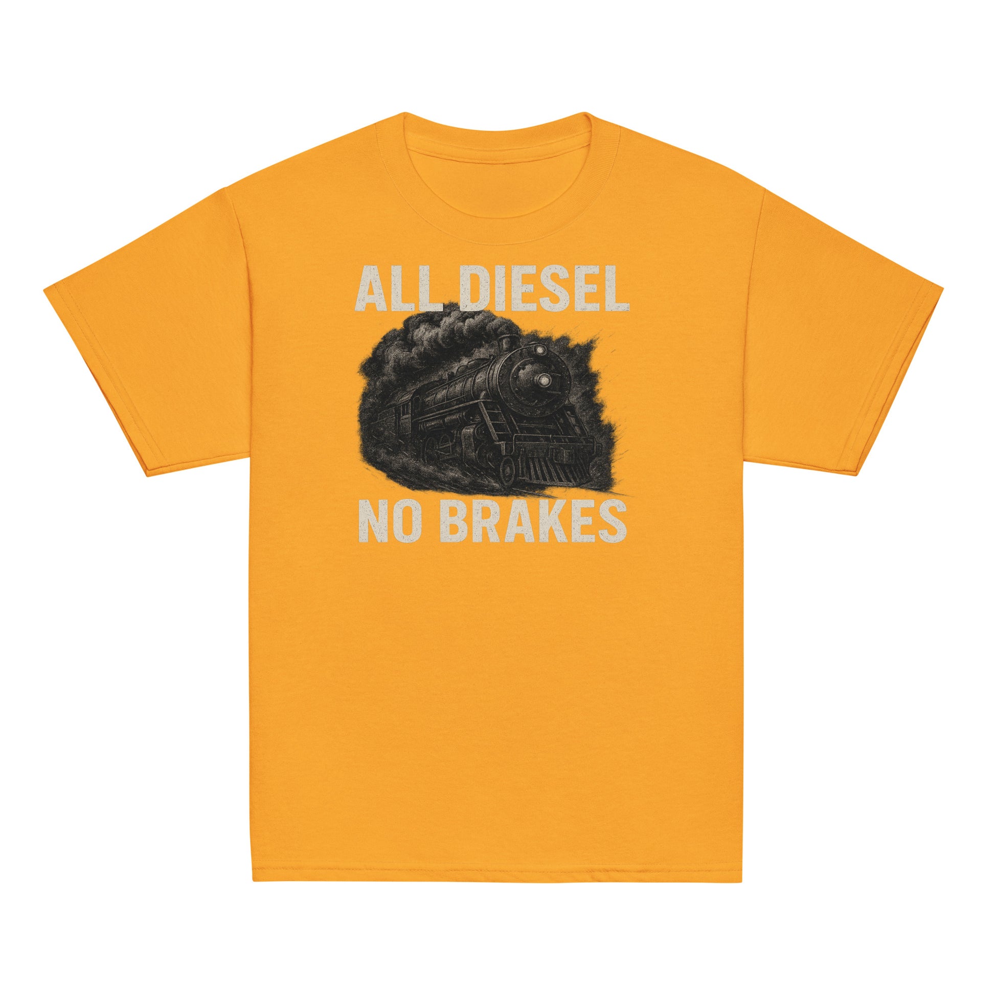 gold t-shirt with black graphic and text 'All Diesel No Brakes' on a white background