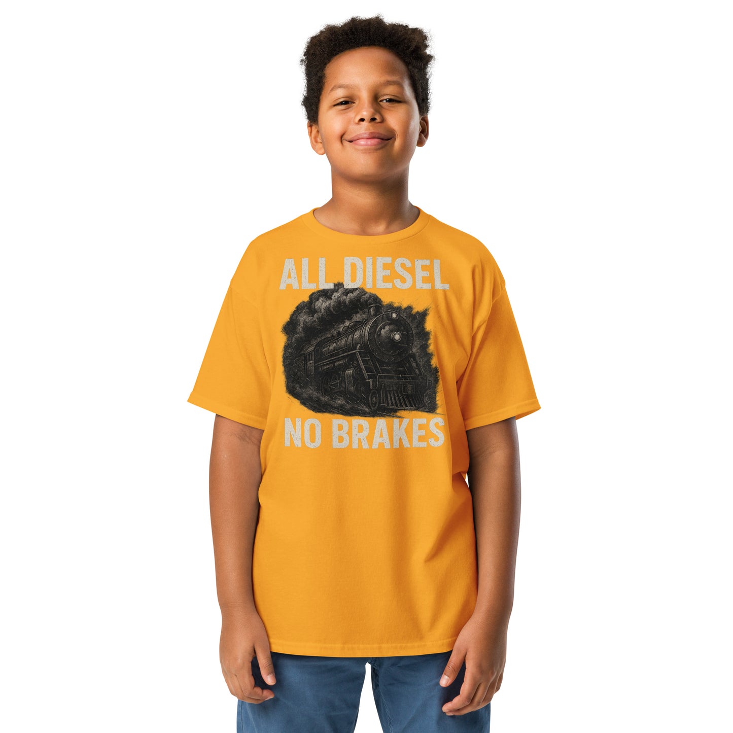 Child wearing a yellow t-shirt with 'All Diesel No Brakes' graphic on a white background