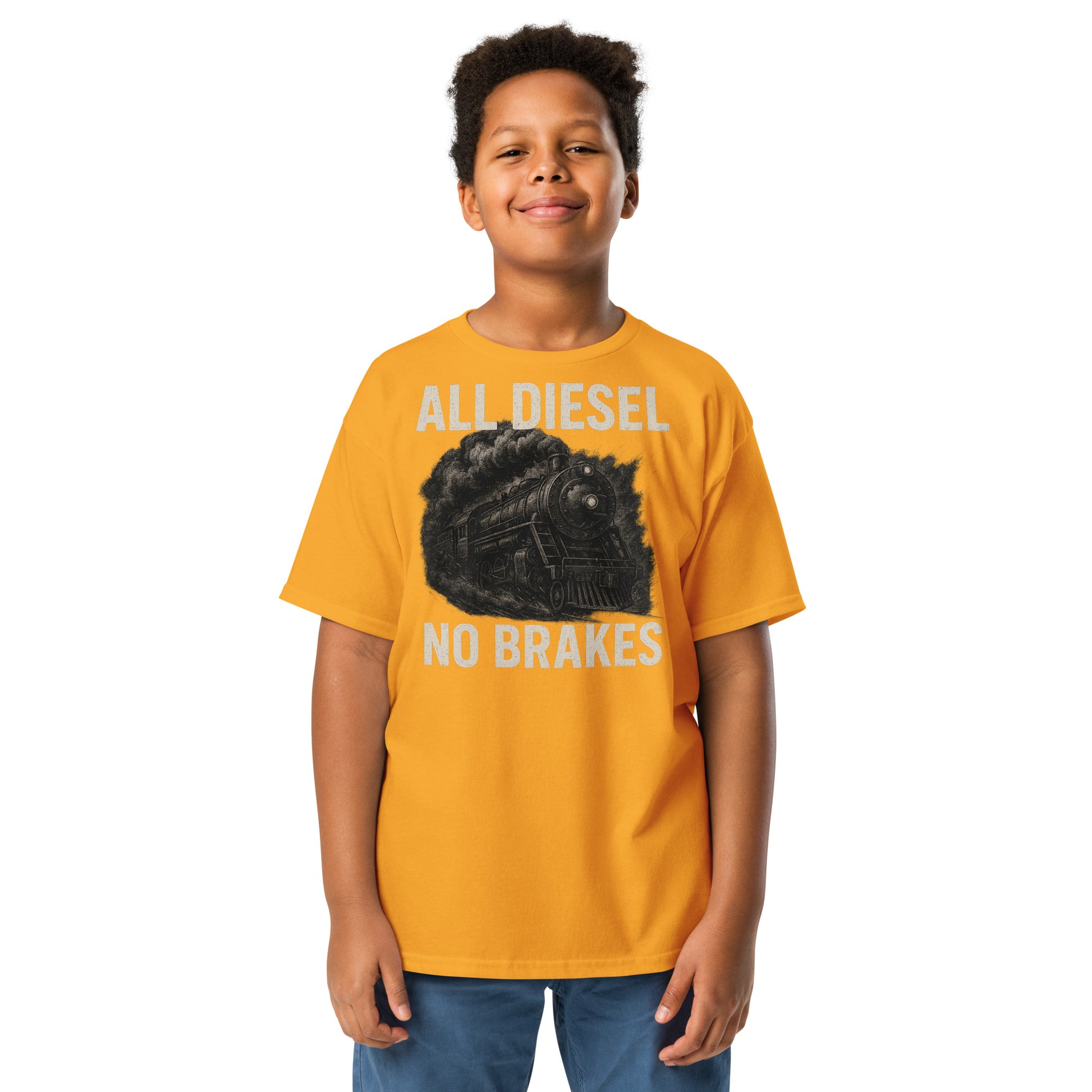 Child wearing a yellow t-shirt with 'All Diesel No Brakes' graphic on a white background