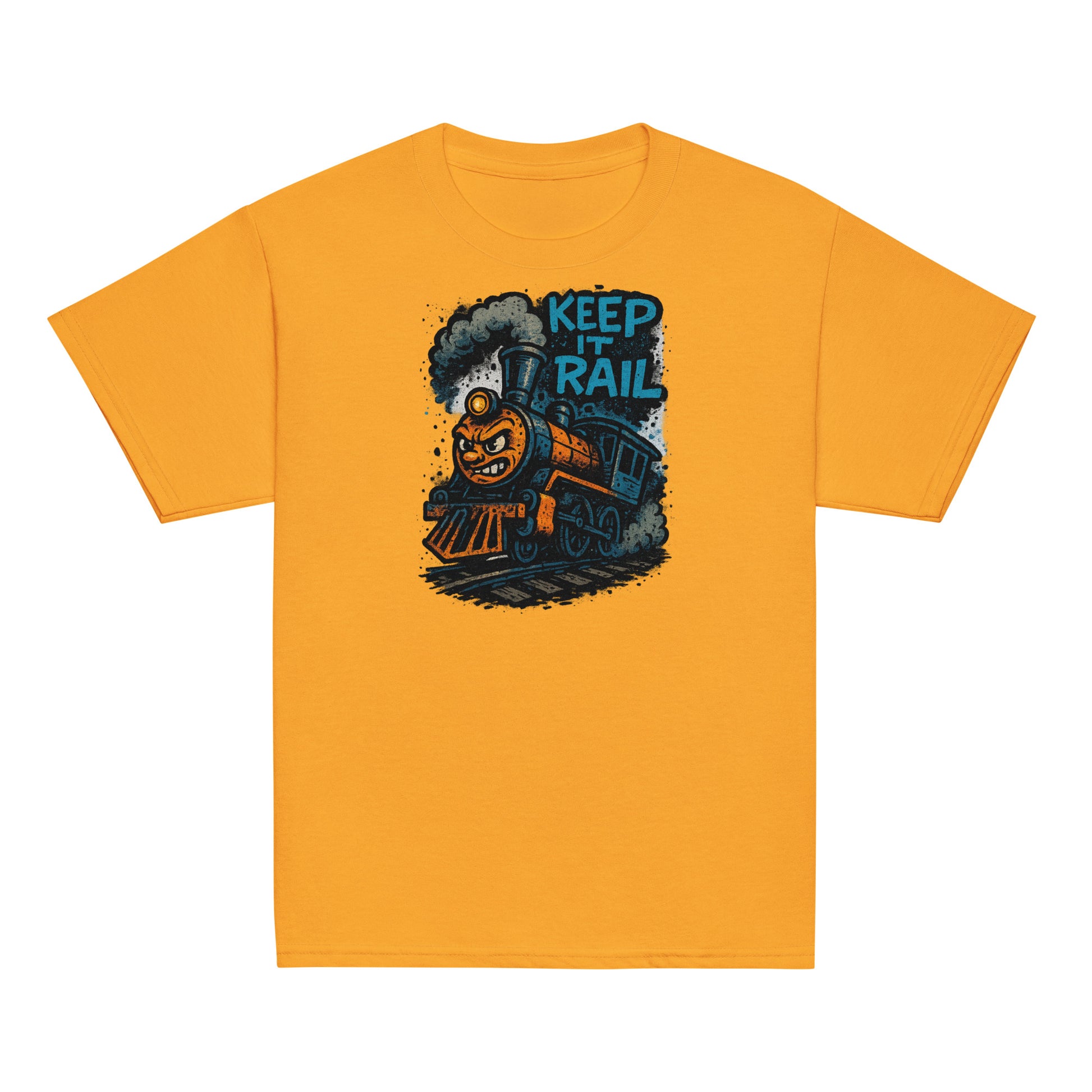 gold t-shirt with cartoon train and “Keep It Rail” slogan, fun graphic tee for kids who love trains.