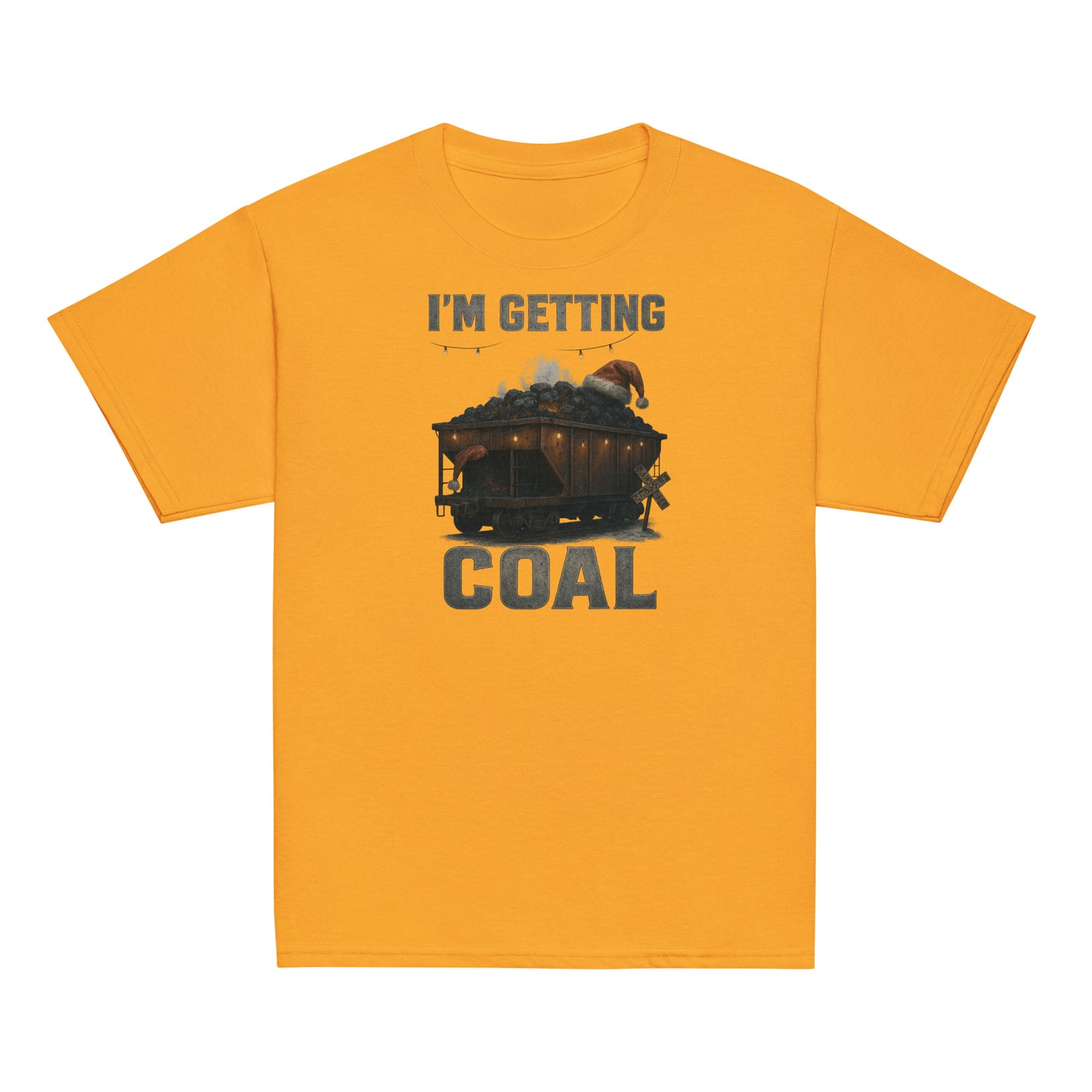 Yellow t-shirt with a graphic of a coal car and text 'I'm Getting Coal' on a white background