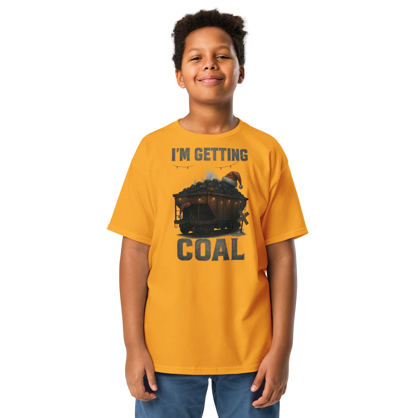 Child wearing a yellow t-shirt with a graphic and text on a white background