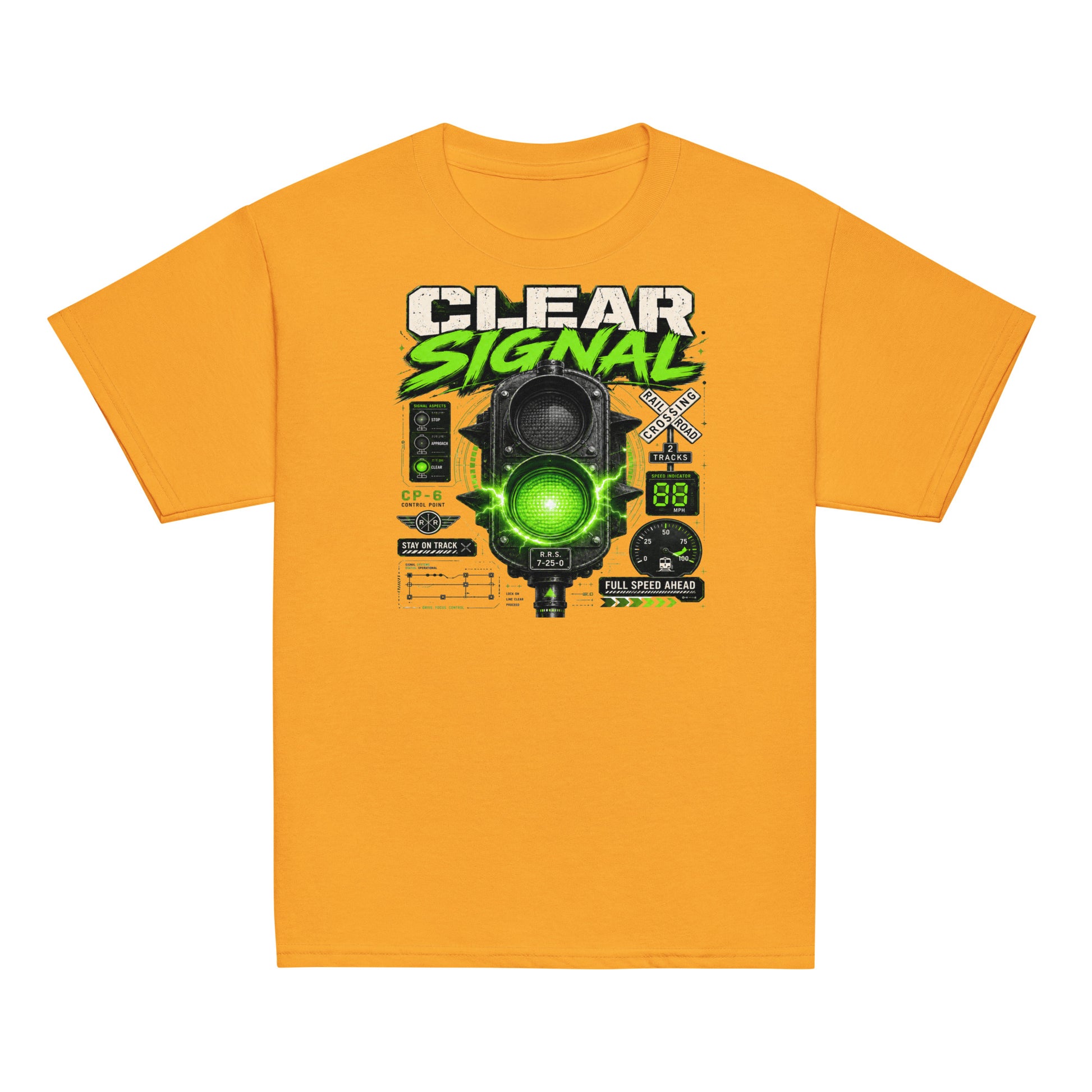 Gold short-sleeve t-shirt featuring a bold graphic with the words CLEAR SIGNAL in white and neon green above an electrified green train signal, railroad crossing signs, and technical dials.
