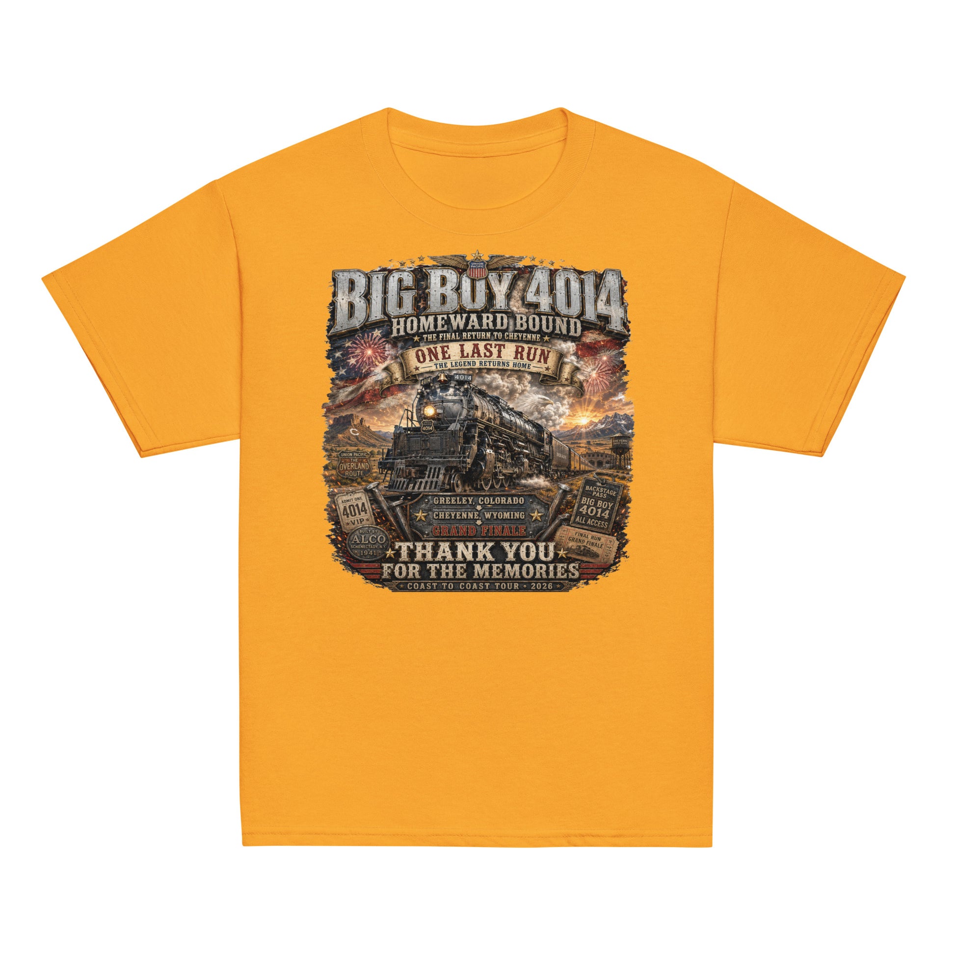 Youth gold t-shirt featuring an intricate graphic of the Big Boy 4014 steam locomotive charging through a western landscape with a sunset and fireworks in the sky. Text reads "BIG BOY 4014", "HOMEWARD BOUND", "THE FINAL RETURN TO CHEYENNE", "ONE LAST RUN", and "THANK YOU FOR THE MEMORIES". The design includes vintage ticket stubs and lists Greeley, Colorado and Cheyenne, Wyoming for the Grand Finale of the Coast to Coast Tour 2026.