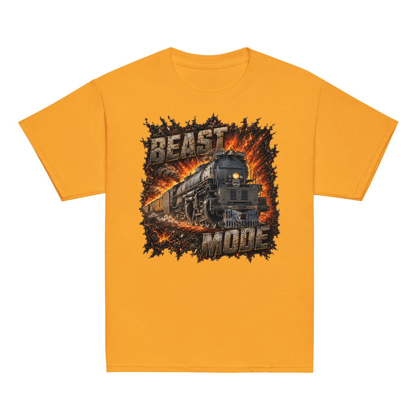 Gold short-sleeve t-shirt featuring an explosive, fiery graphic of a steam locomotive charging forward, framed by the text BEAST at the top and MODE at the bottom in rugged, stone-textured letters.