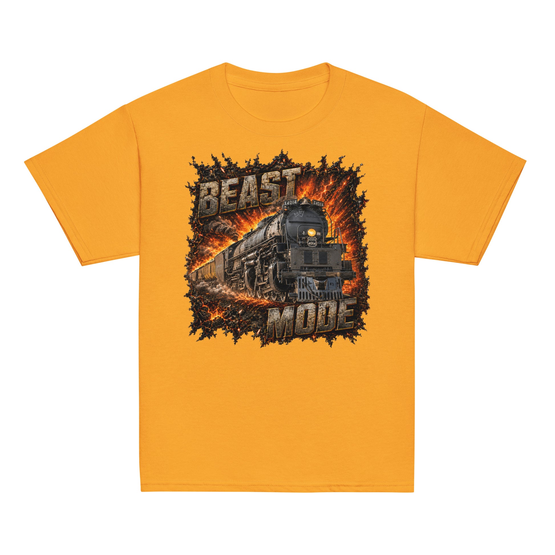 Gold short-sleeve t-shirt featuring an explosive, fiery graphic of a steam locomotive charging forward, framed by the text BEAST at the top and MODE at the bottom in rugged, stone-textured letters.