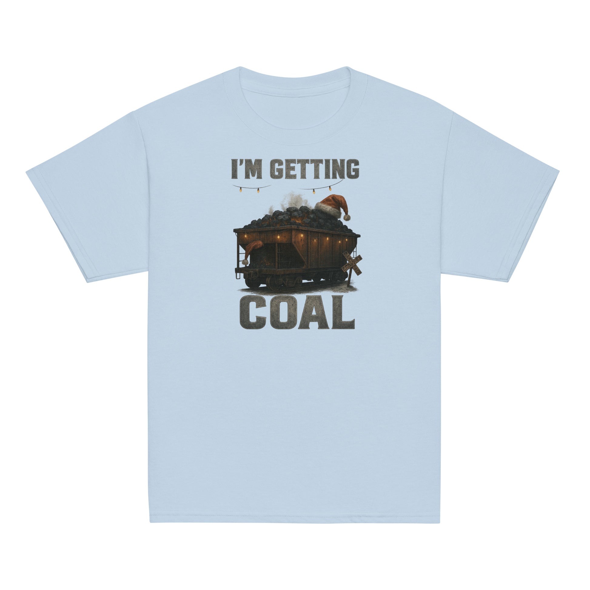 Light blue t-shirt with a graphic of a sled full of coal and text 'I'm Getting Coal' on a white background
