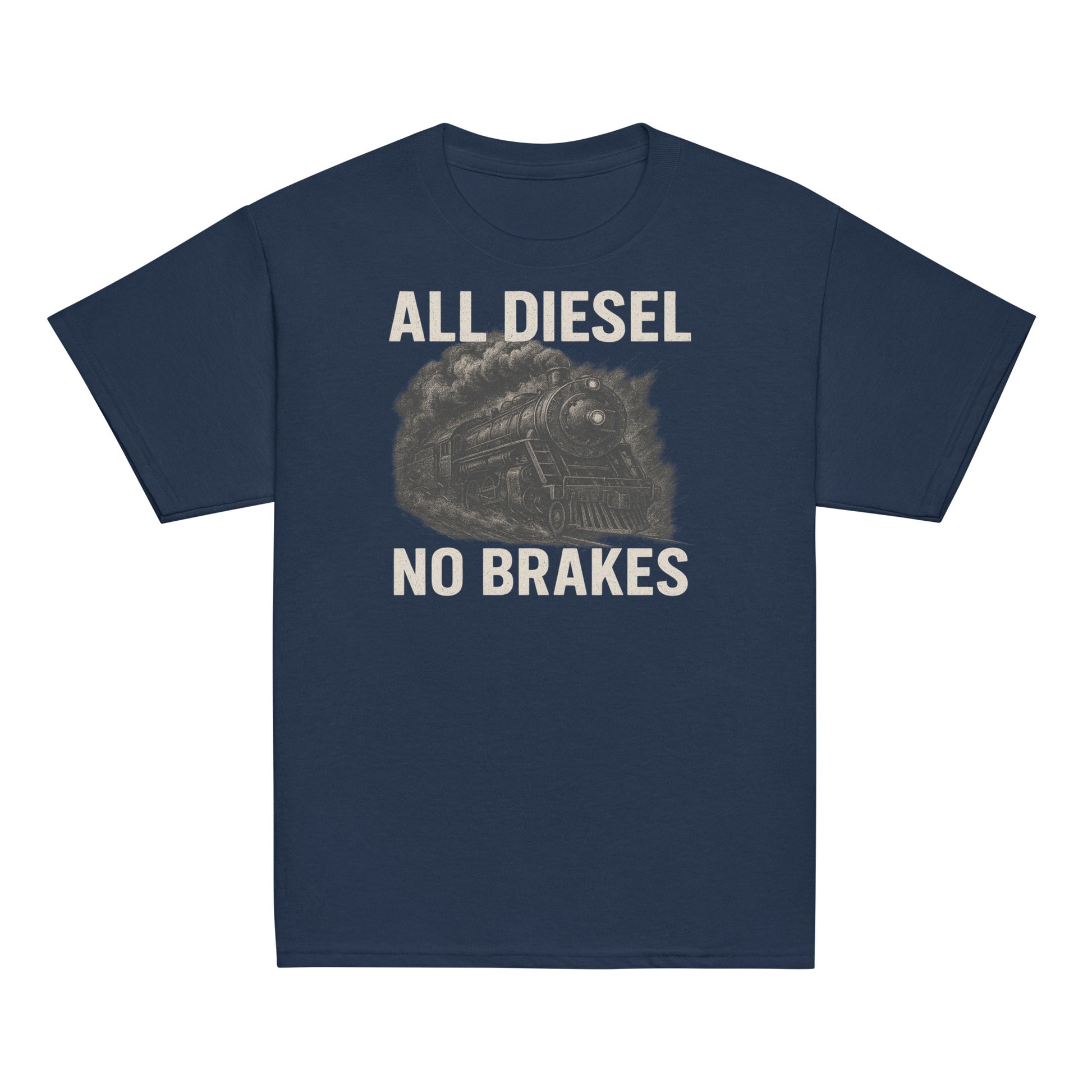 Navy blue t-shirt with 'All Diesel No Brakes' text and graphic on a white background