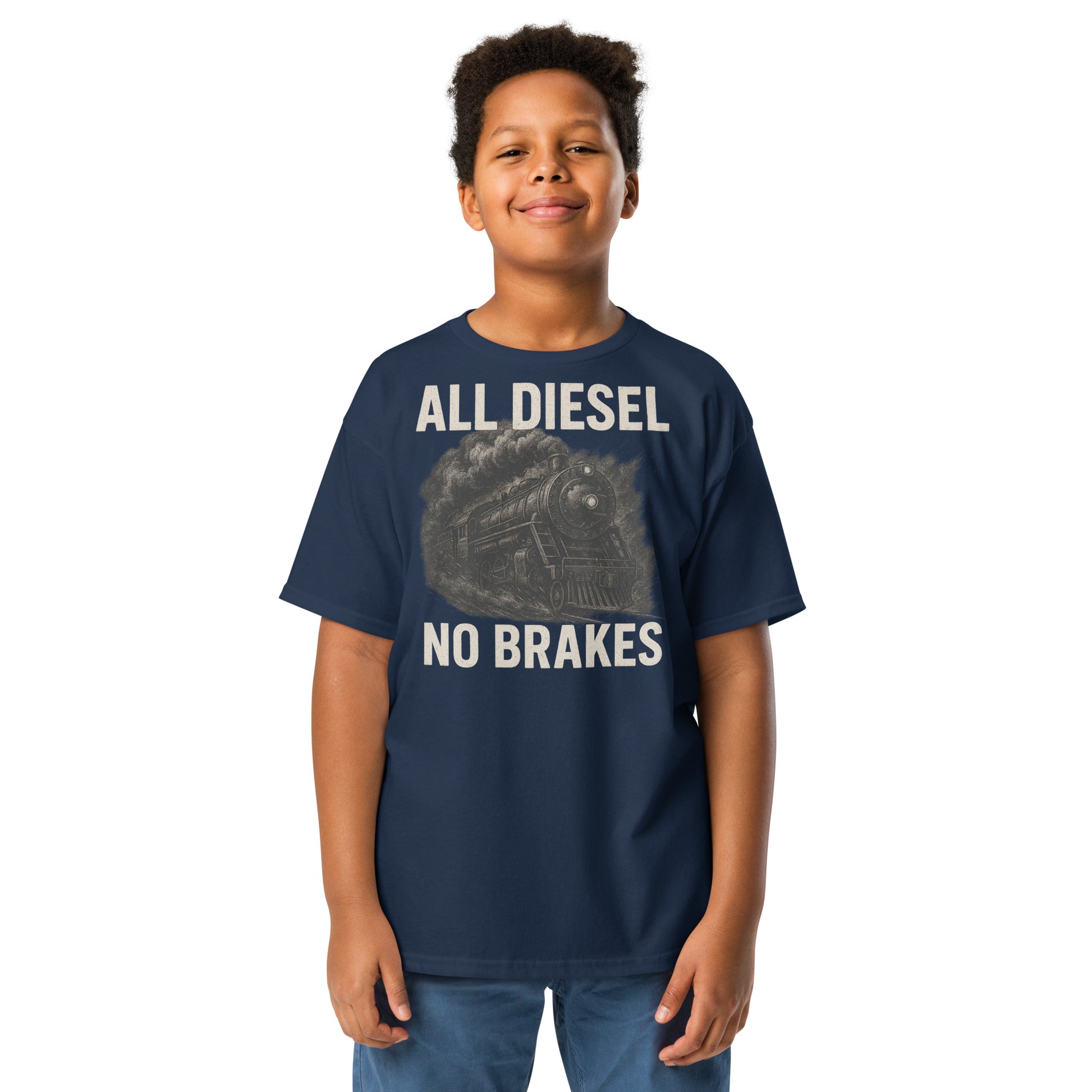 Child wearing a navy blue t-shirt with 'All Diesel No Brakes' text and graphic on a white background
